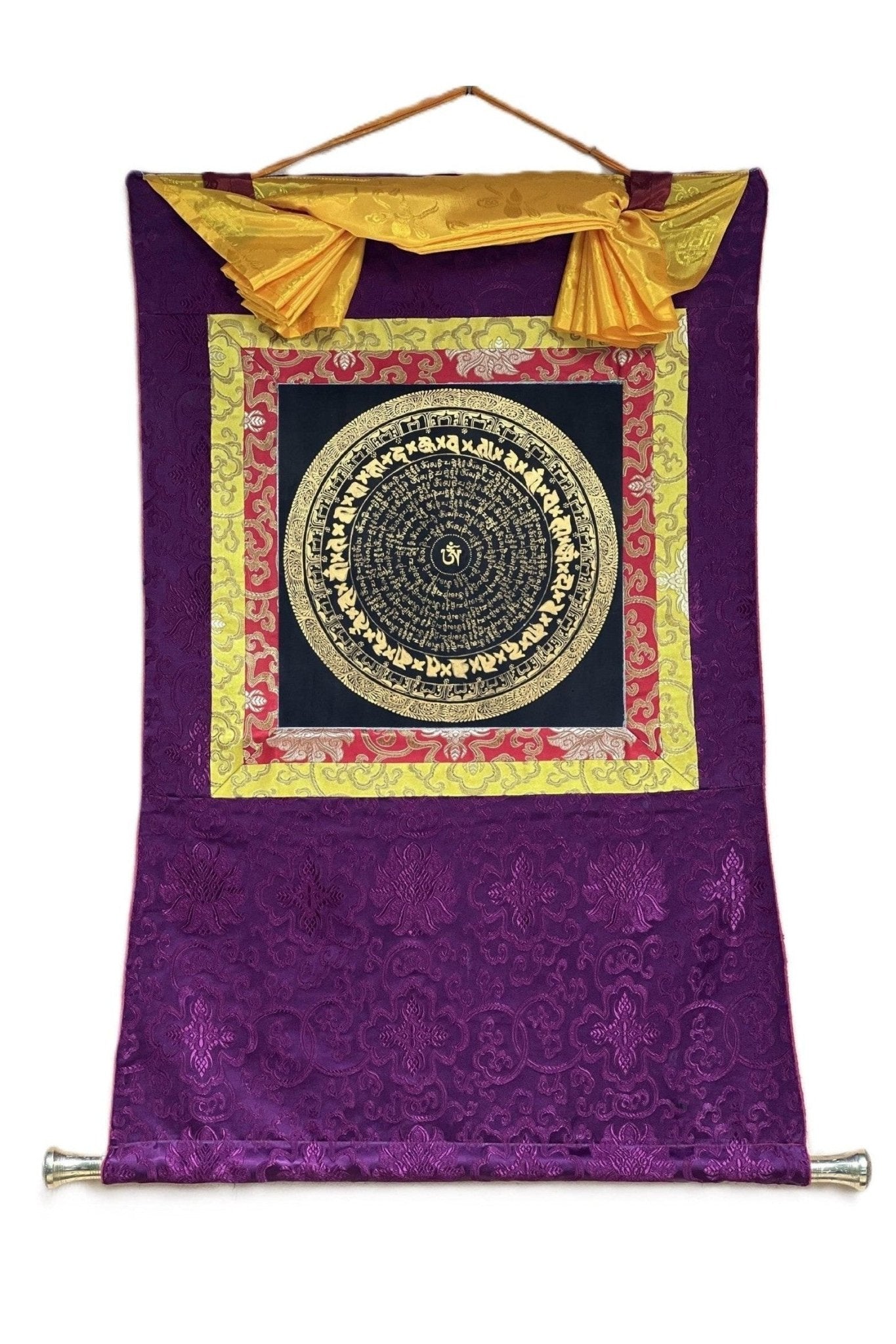 Om Mani Padme Hum Mantra Mandala Black and Gold Original Tibetan Thangka Painting /Meditation Art/Wall Hanging with Silk Brocade - Tibetan Thangka Art