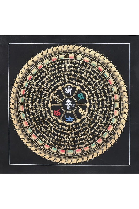 Om Mani Padme Hum Mantra Mandala Black and Gold Tibetan Thangka Painting Original Hand Painted Buddhist Meditation Art - Tibetan Thangka Art
