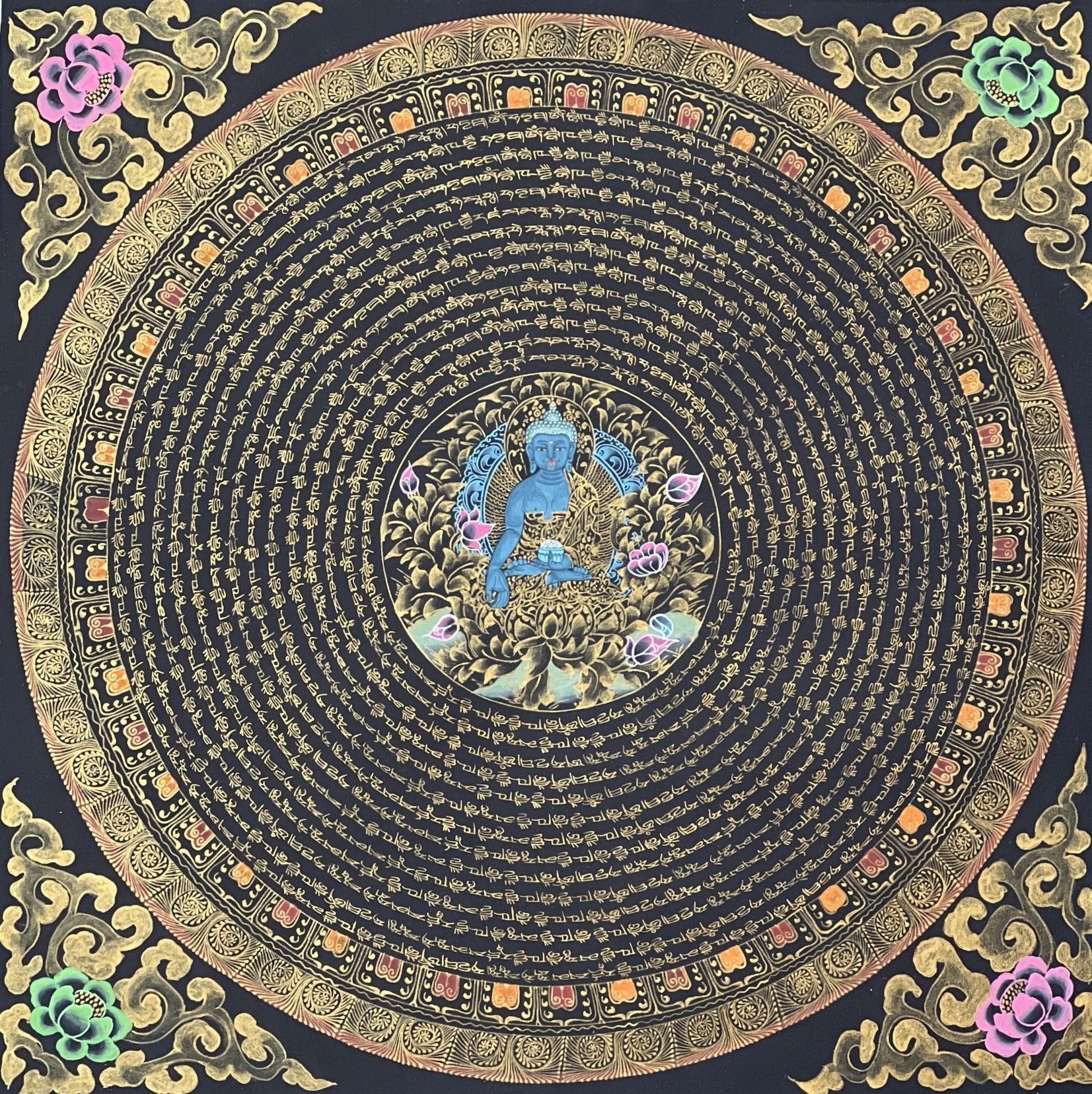 OM Mantra Mandala Art | Tibetan Thangka Wall Hanging from Nepal | Sacred Meditation Painting for Good Luck & Home Blessings - Tibetan Thangka Art