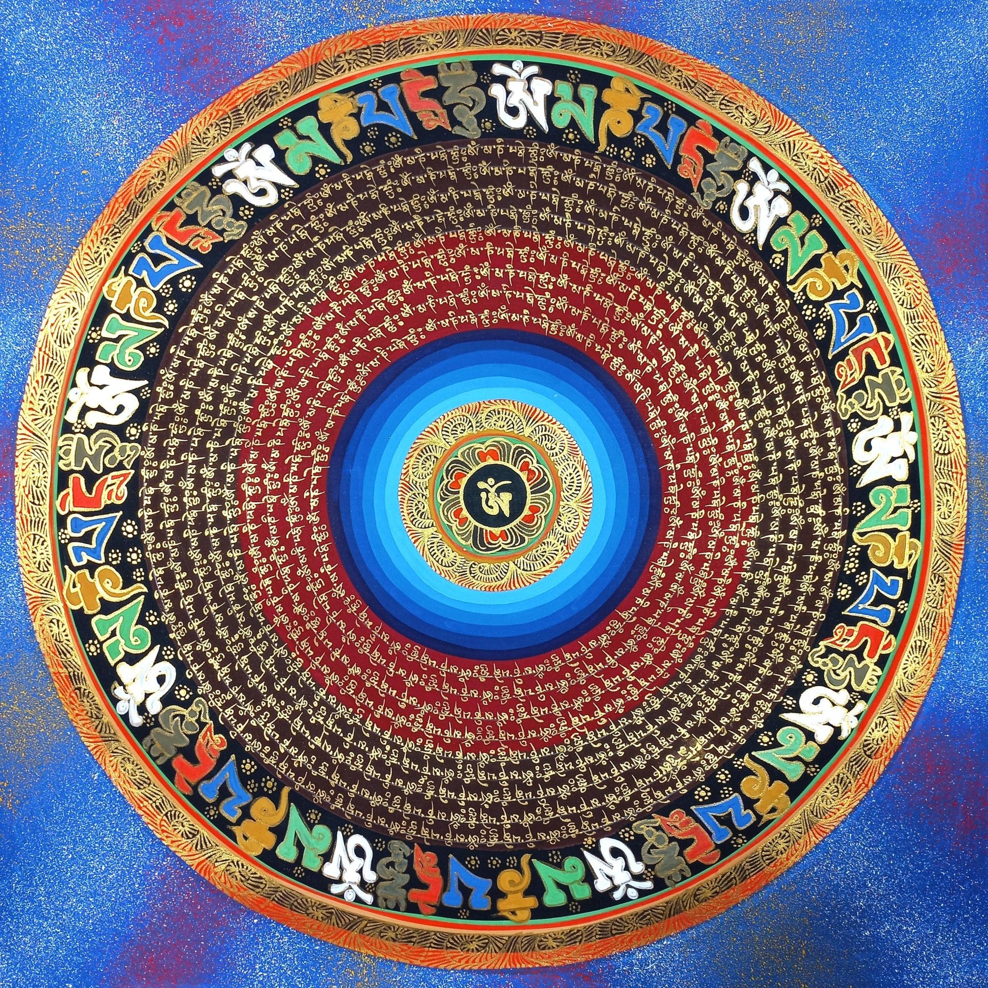 OM Mantra Mandala Art | Tibetan Thangka Wall Hanging from Nepal | Sacred Meditation Painting for Good Luck & Home Blessings - Tibetan Thangka Art