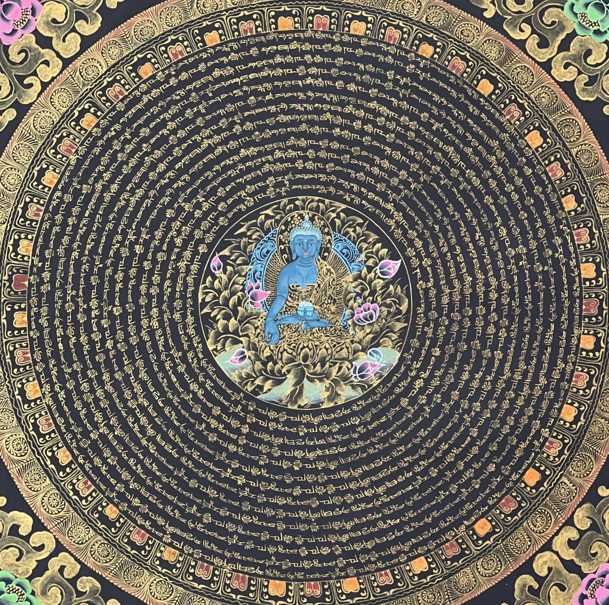 OM Mantra Mandala Art | Tibetan Thangka Wall Hanging from Nepal | Sacred Meditation Painting for Good Luck & Home Blessings - Tibetan Thangka Art