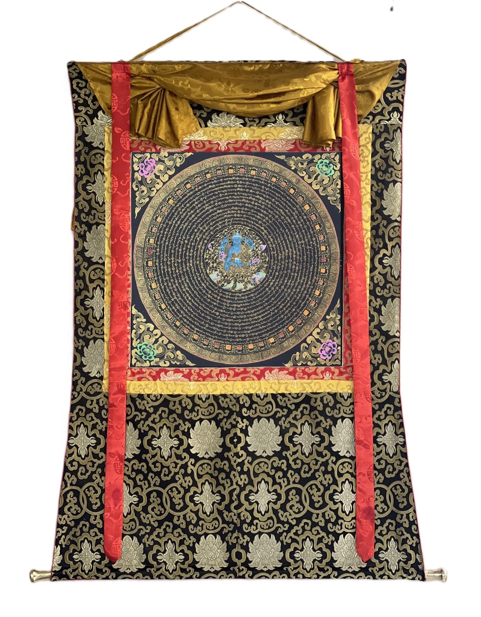 OM Mantra Mandala Art | Tibetan Thangka Wall Hanging from Nepal | Sacred Meditation Painting for Good Luck & Home Blessings - Tibetan Thangka Art