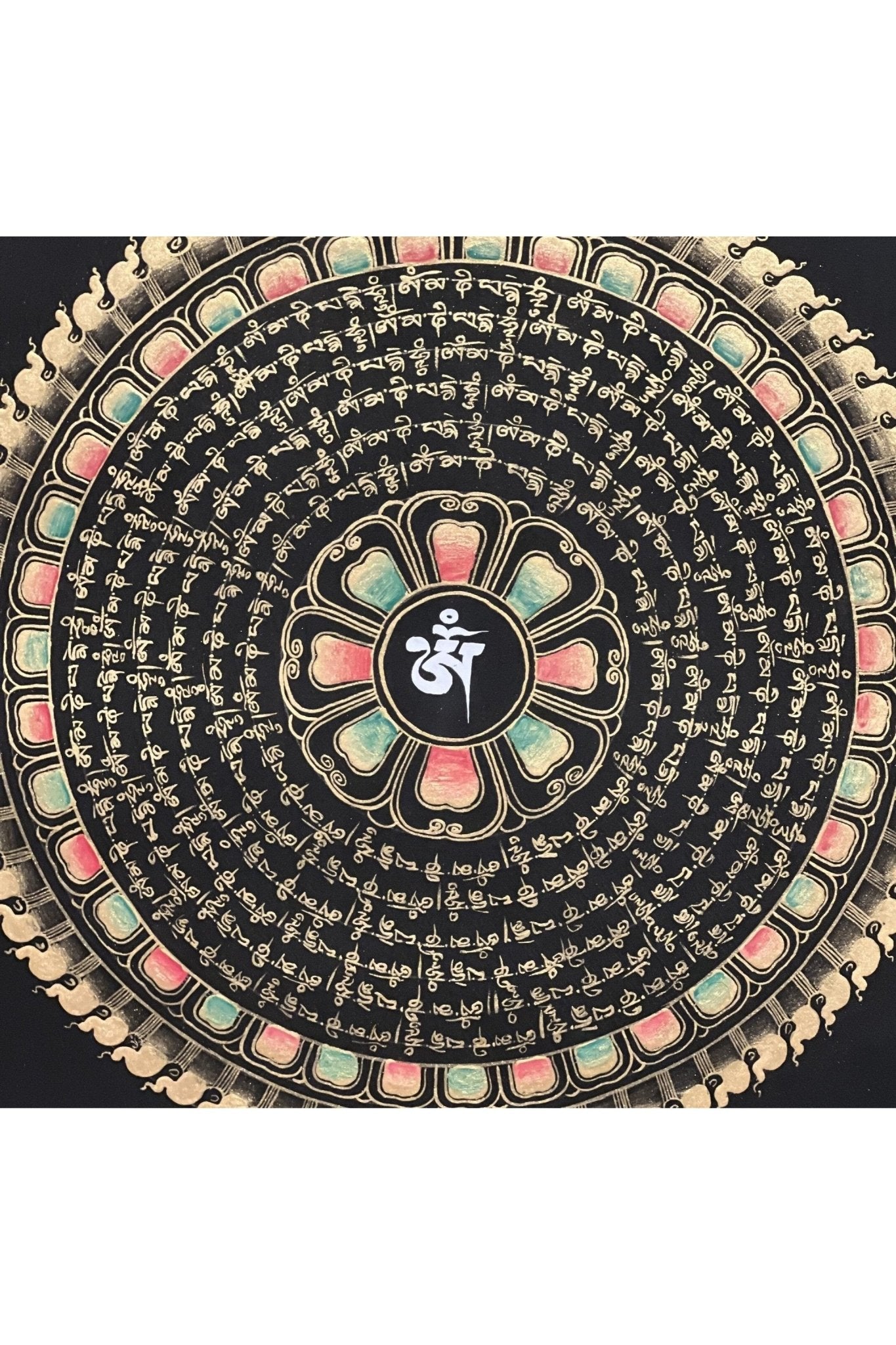 Om Mantra Mandala Black and Gold Tibetan Thangka Painting Original Hand Painted Buddhist Meditation Art - Tibetan Thangka Art