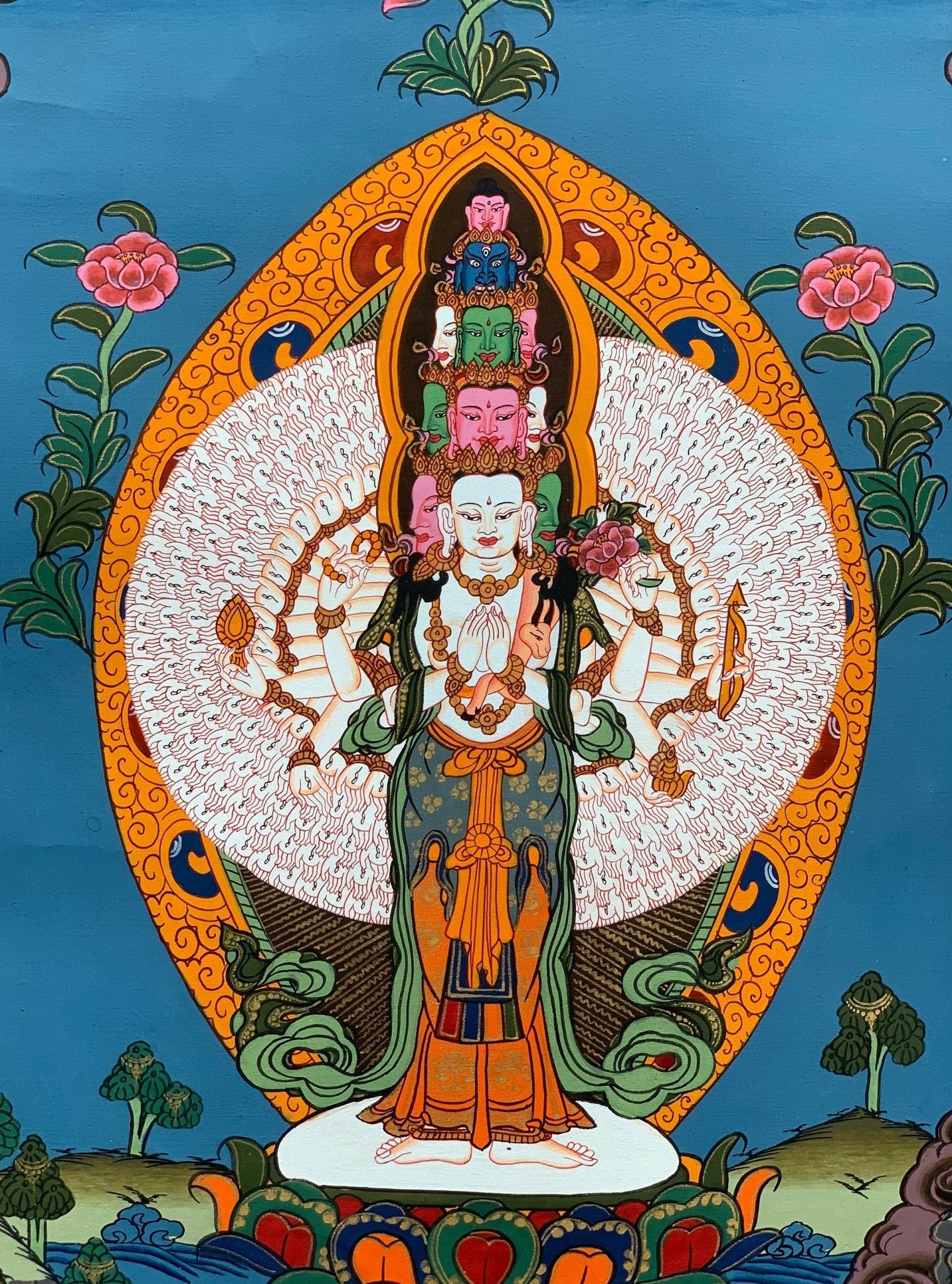 Original Hand - painted 1000 Armed Sahastrabhuja Avalokitesvara/ Lokeswor/Chenrezig Tibetan Thangka Painting with High - Quality Silk Brocade - Tibetan Thangka Art
