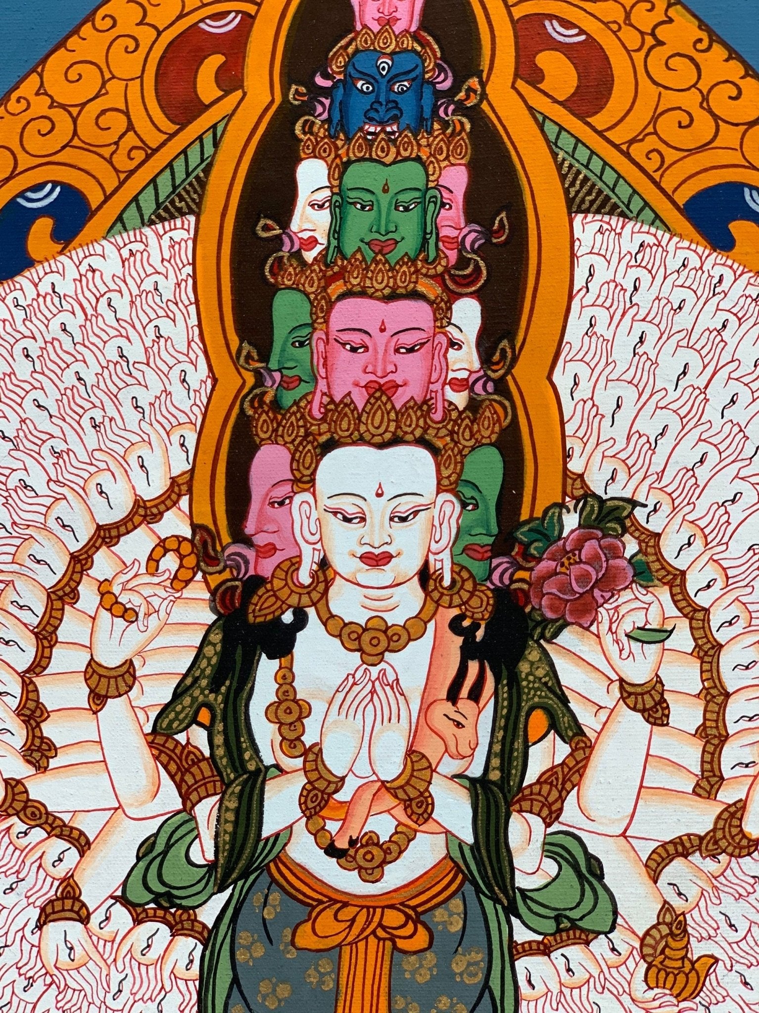 Original Hand - painted 1000 Armed Sahastrabhuja Avalokitesvara/ Lokeswor/Chenrezig Tibetan Thangka Painting with High - Quality Silk Brocade - Tibetan Thangka Art