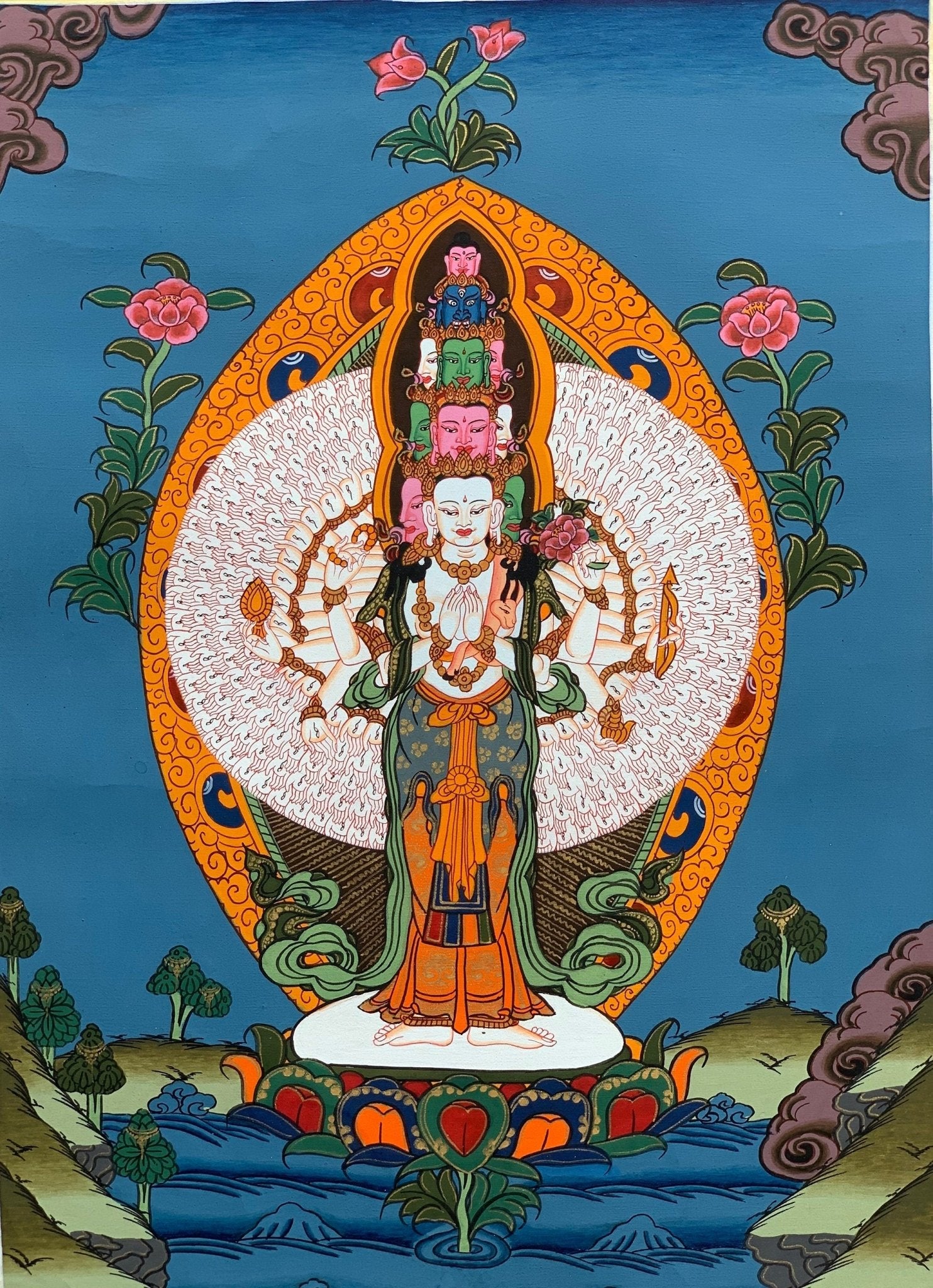 Original Hand - painted 1000 Armed Sahastrabhuja Avalokitesvara/ Lokeswor/Chenrezig Tibetan Thangka Painting with High - Quality Silk Brocade - Tibetan Thangka Art