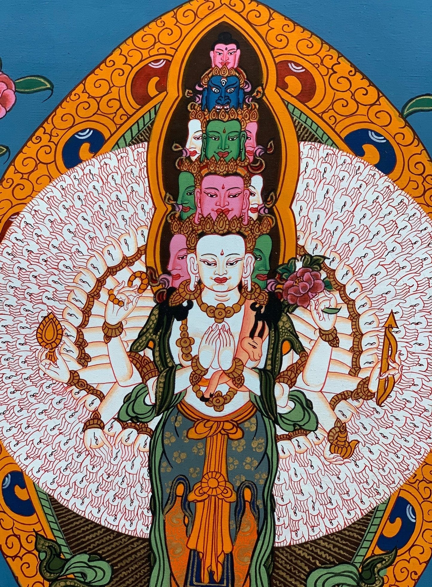 Original Hand - painted 1000 Armed Sahastrabhuja Avalokitesvara/ Lokeswor/Chenrezig Tibetan Thangka Painting with High - Quality Silk Brocade - Tibetan Thangka Art
