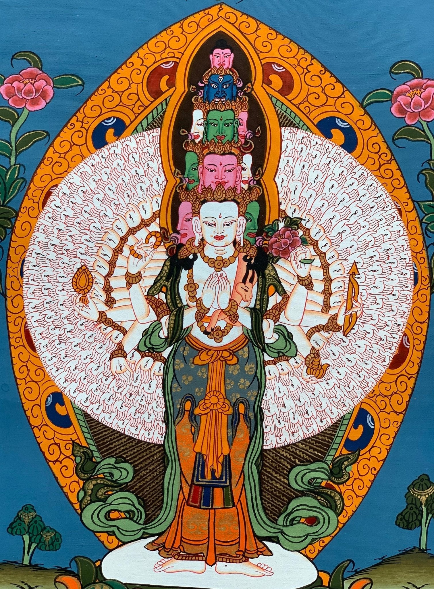 Original Hand - painted 1000 Armed Sahastrabhuja Avalokitesvara/ Lokeswor/Chenrezig Tibetan Thangka Painting with High - Quality Silk Brocade - Tibetan Thangka Art