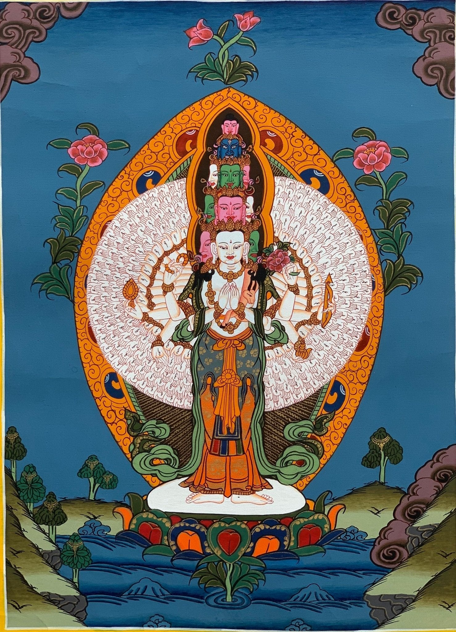 Original Hand - painted 1000 Armed Sahastrabhuja Avalokitesvara/ Lokeswor/Chenrezig Tibetan Thangka Painting with High - Quality Silk Brocade - Tibetan Thangka Art