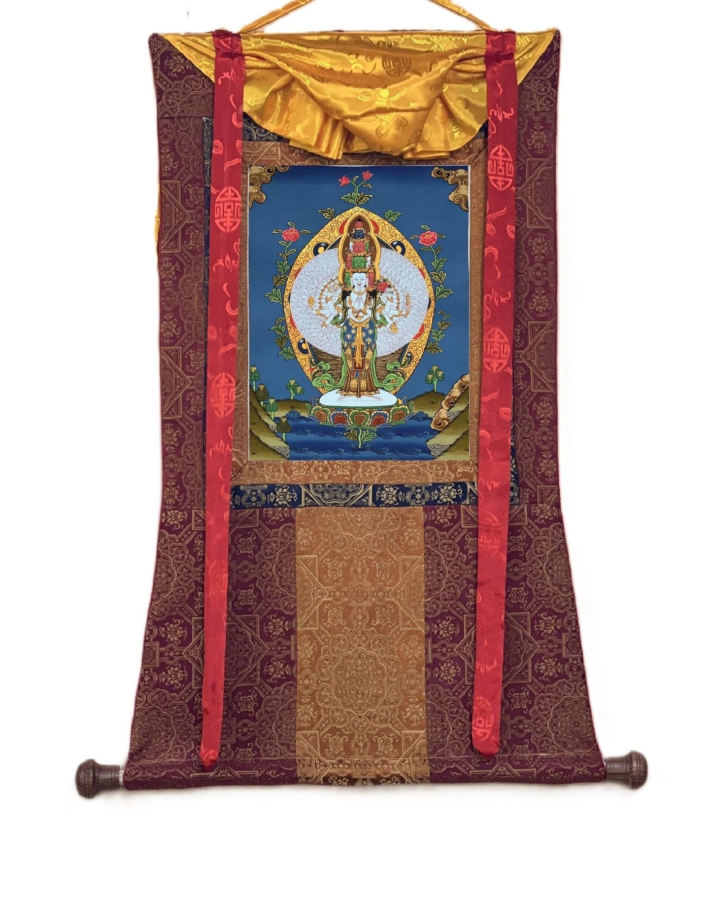 Original Hand - painted 1000 Armed Sahastrabhuja Avalokitesvara/ Lokeswor/Chenrezig Tibetan Thangka Painting with High - Quality Silk Brocade - Tibetan Thangka Art