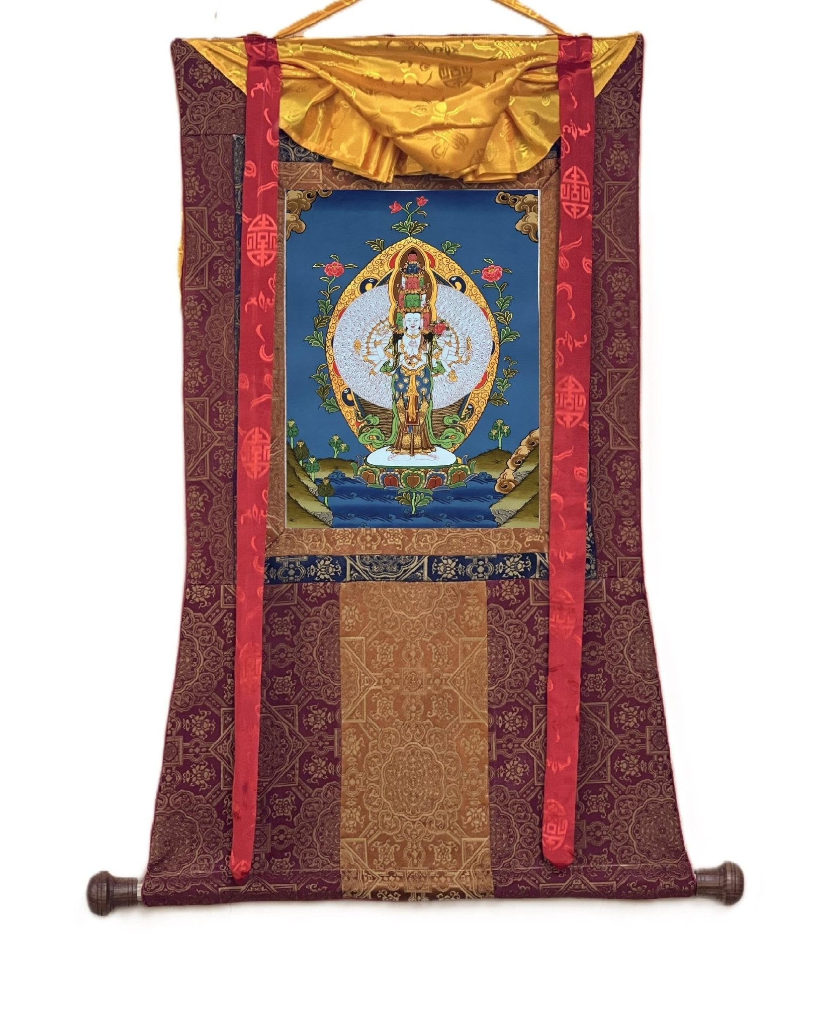 Original Hand - painted 1000 Armed Sahastrabhuja Avalokitesvara/ Lokeswor/Chenrezig Tibetan Thangka Painting with High - Quality Silk Brocade - Tibetan Thangka Art