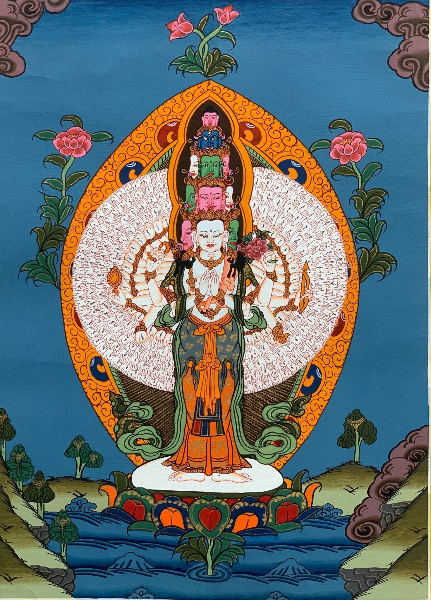Original Hand - painted 1000 Armed Sahastrabhuja Avalokitesvara/ Lokeswor/Chenrezig Tibetan Thangka Painting with High - Quality Silk Brocade - Tibetan Thangka Art
