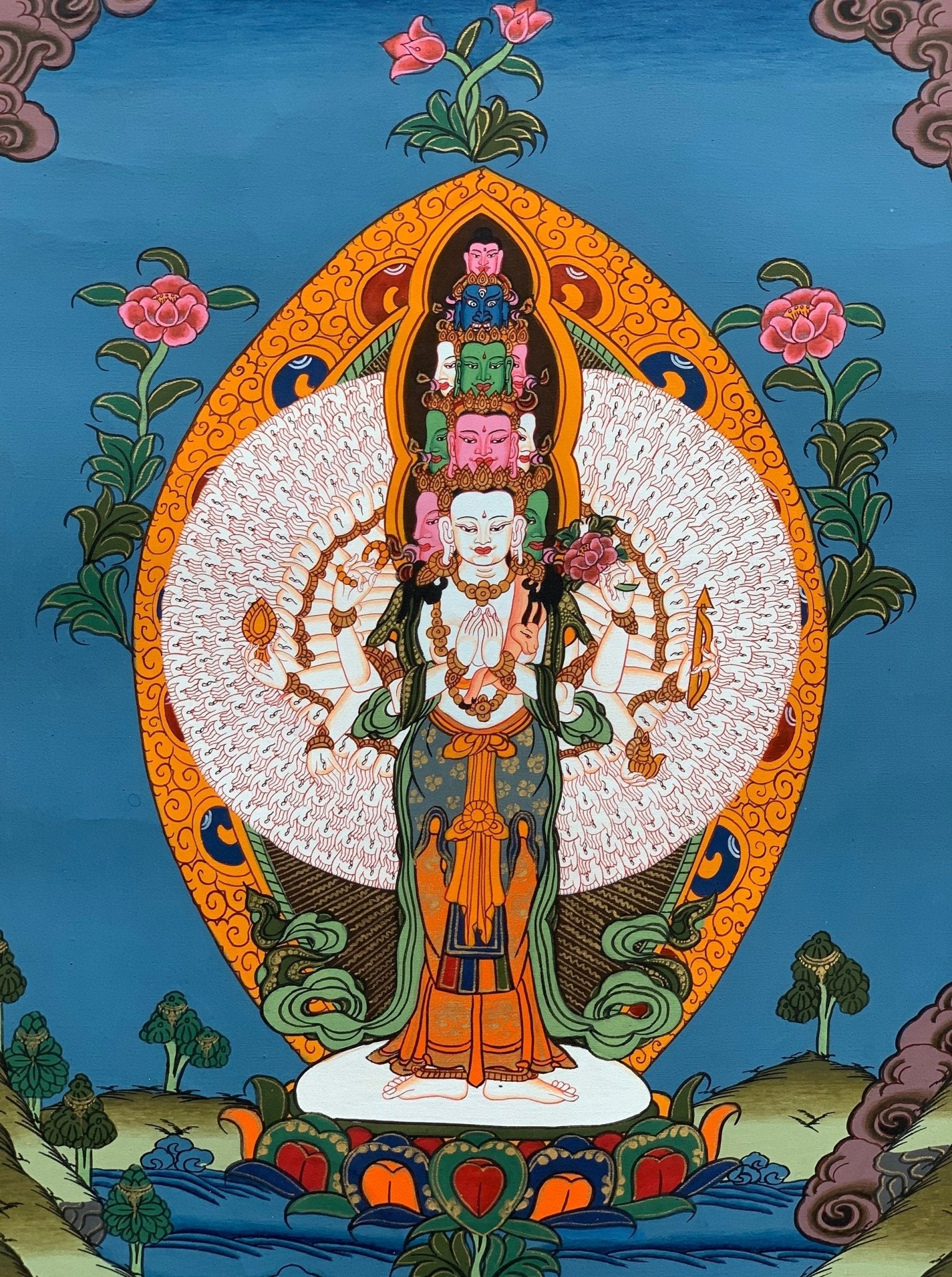 Original Hand - painted 1000 Armed Sahastrabhuja Avalokitesvara/ Lokeswor/Chenrezig Tibetan Thangka Painting with High - Quality Silk Brocade - Tibetan Thangka Art