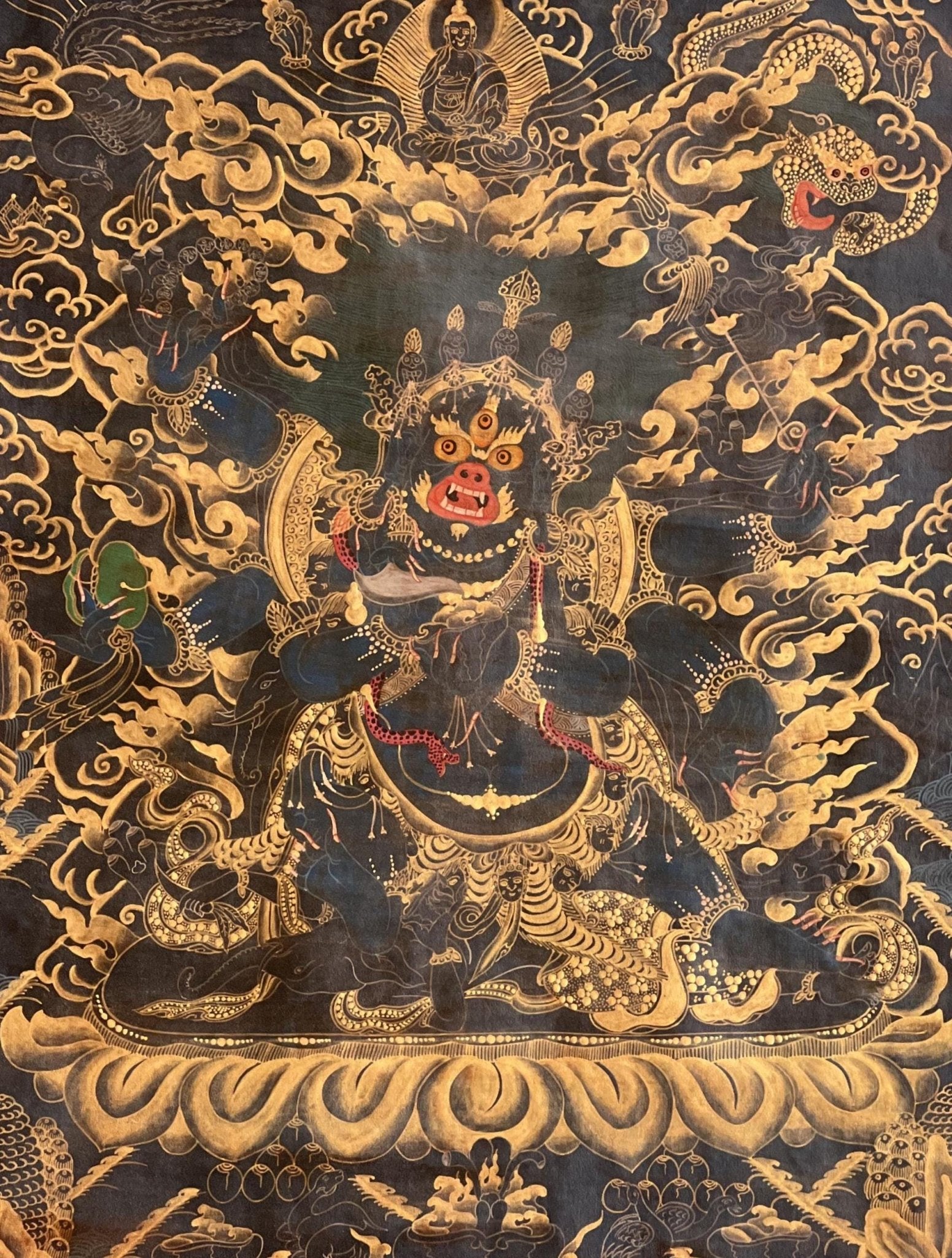 Original Hand Painted 6 Armed Semi Wrathful Mahakala/ Mahankala/ Kala Bhairabha Black and Gold Tibetan Thangka Painting/ Buddhist Tantra Art - Tibetan Thangka Art