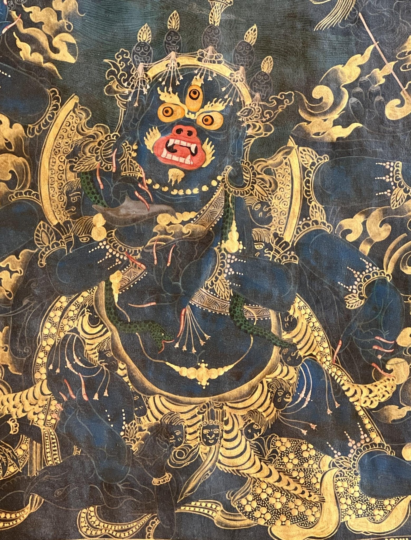 Original Hand Painted 6 Armed Semi Wrathful Mahakala/ Mahankala/ Kala Bhairabha Black and Gold Tibetan Thangka Painting/ Buddhist Tantra Art - Tibetan Thangka Art