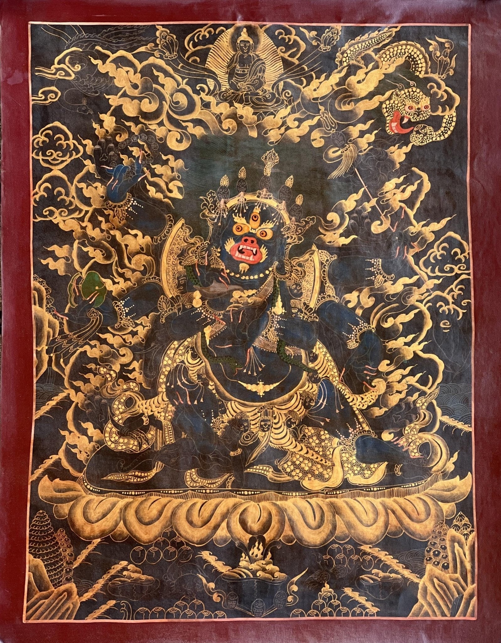 Original Hand Painted 6 Armed Semi Wrathful Mahakala/ Mahankala/ Kala Bhairabha Black and Gold Tibetan Thangka Painting/ Buddhist Tantra Art - Tibetan Thangka Art