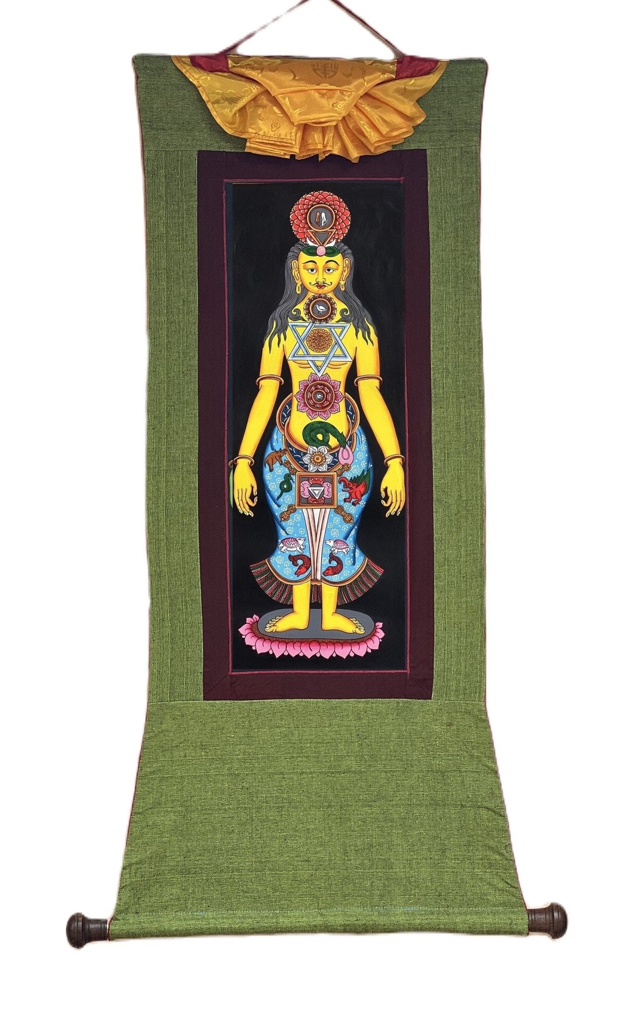 Original Hand - painted 7 Chakra/ Kundalini Chakra/ Body Chakra/ Energy Healing/ Yogic Chakra Tibetan Thangka Panting with Cotton Brocade - Tibetan Thangka Art