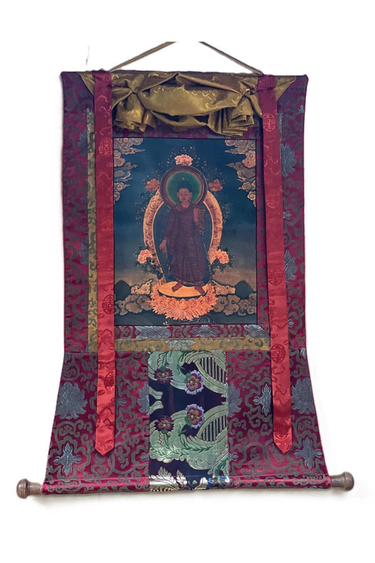 Original Hand Painted Adi Buddha Dipankar/ Dipankara Old Oil Varnished Newari Paubha/ Thangka Painting, Original Art with Silk Brocade - Tibetan Thangka Art