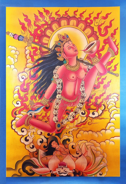 Original Hand - painted Akash Yogini /Jogini Original Masterpiece Newari Paubha Style Smoky Tibetan Thangka Painting /Tantra Art From Nepal - Tibetan Thangka Art