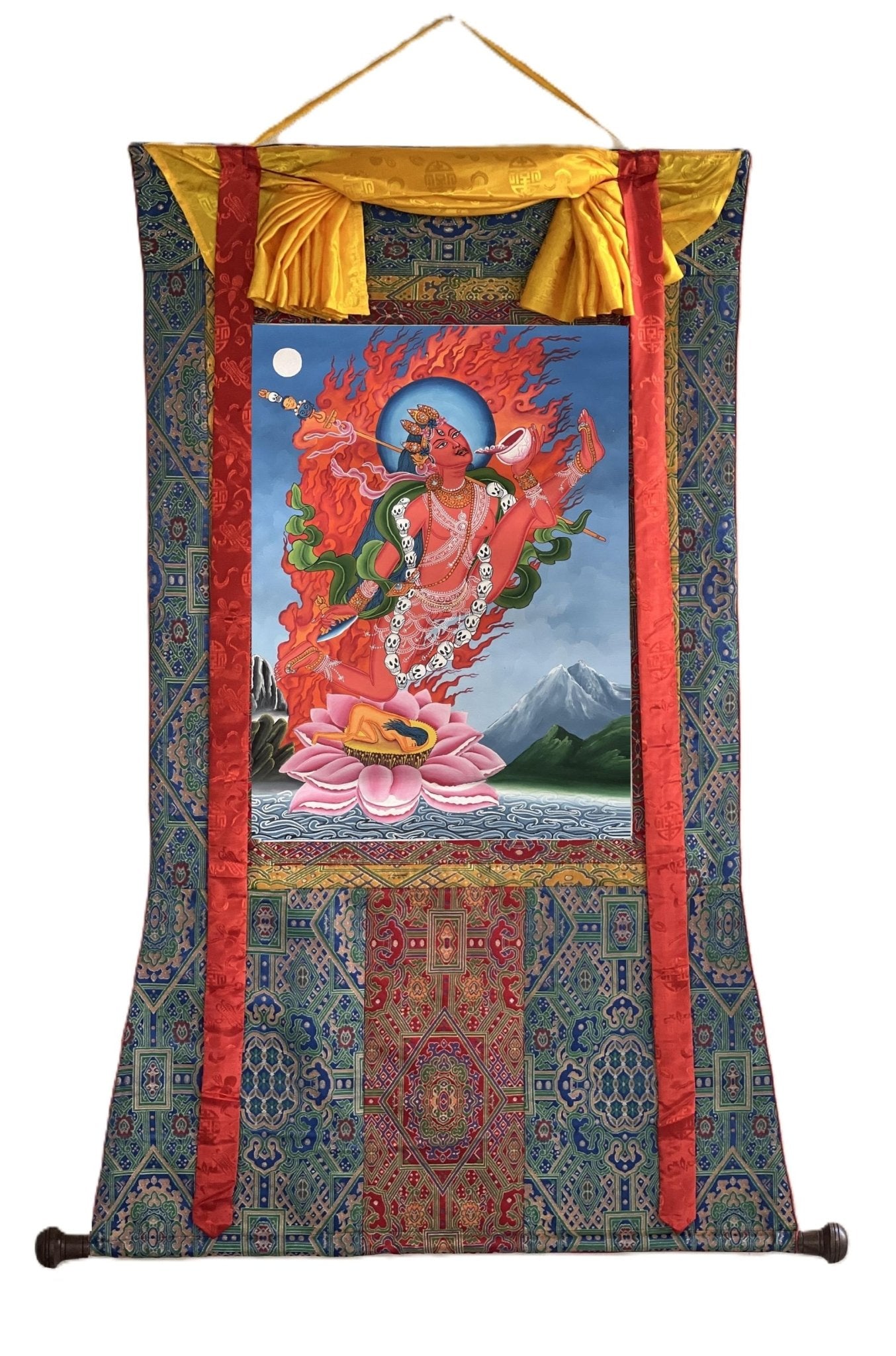 Original Hand - painted Akash Yogini /Jogini/Flying Dakini Original Newari Paubha Thangka Painting/ Tantra Art with High - Quality Silk Brocade - Tibetan Thangka Art