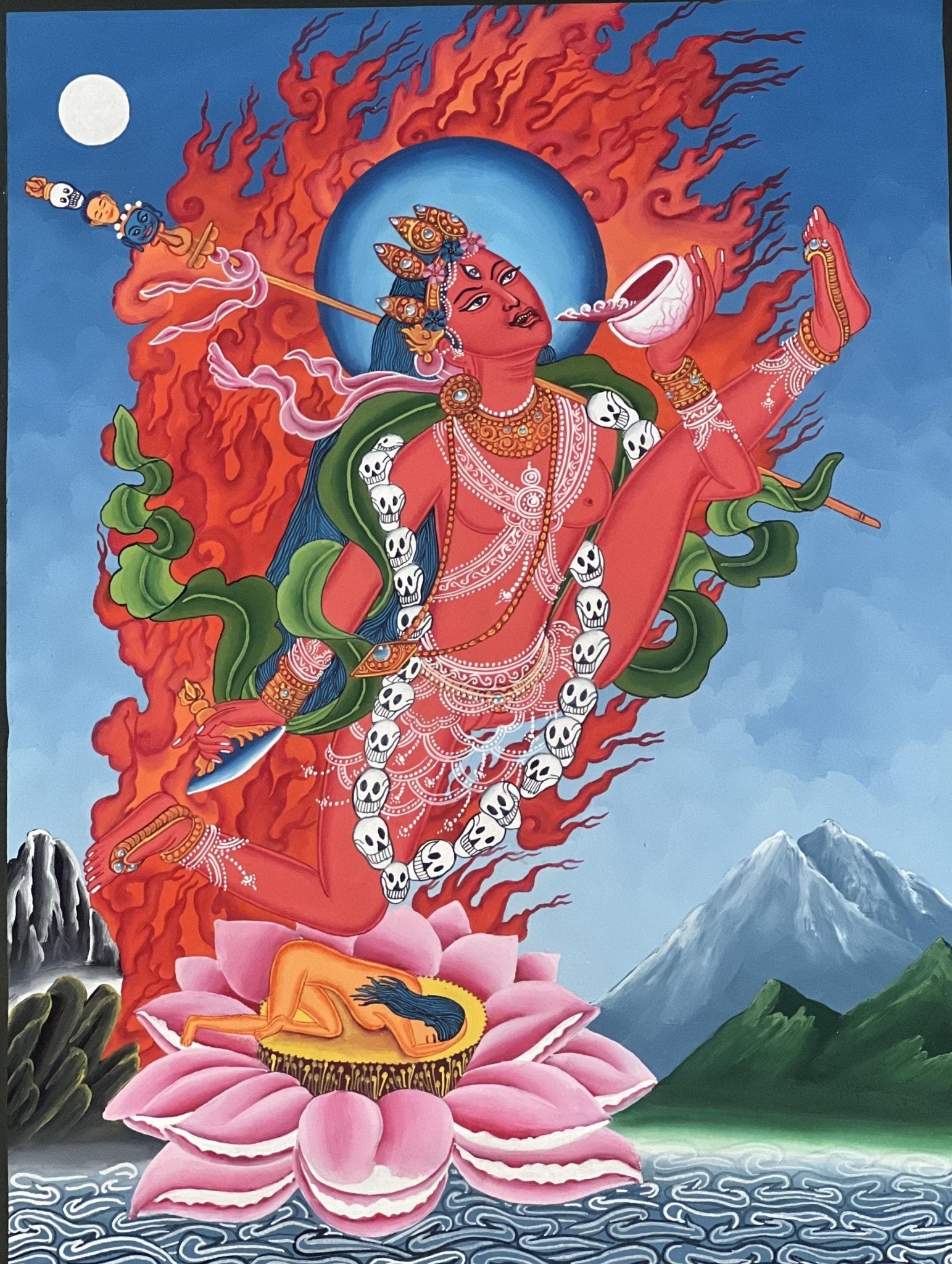 Original Hand - painted Akash Yogini /Jogini/Flying Dakini Original Newari Paubha Thangka Painting/ Tantra Art with High - Quality Silk Brocade - Tibetan Thangka Art