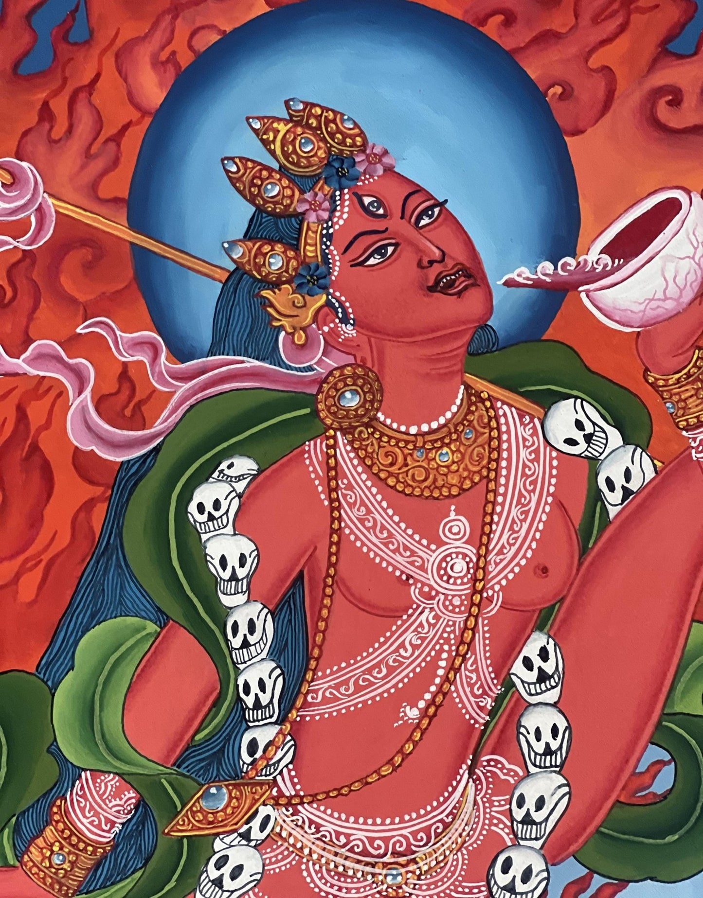 Original Hand - painted Akash Yogini /Jogini/Flying Dakini Original Newari Paubha Thangka Painting/ Tantra Art with High - Quality Silk Brocade - Tibetan Thangka Art