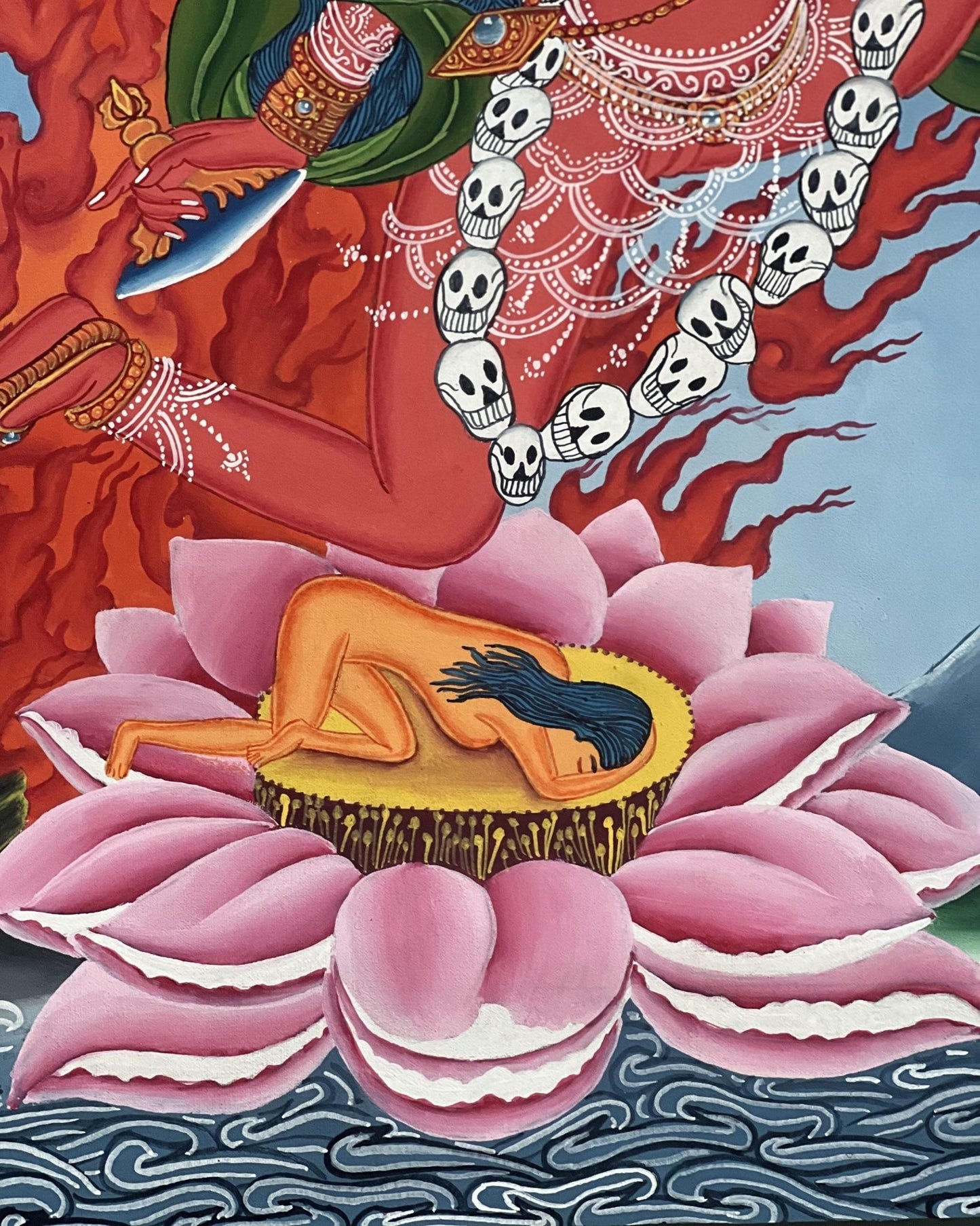 Original Hand - painted Akash Yogini /Jogini/Flying Dakini Original Newari Paubha Thangka Painting/ Tantra Art with High - Quality Silk Brocade - Tibetan Thangka Art