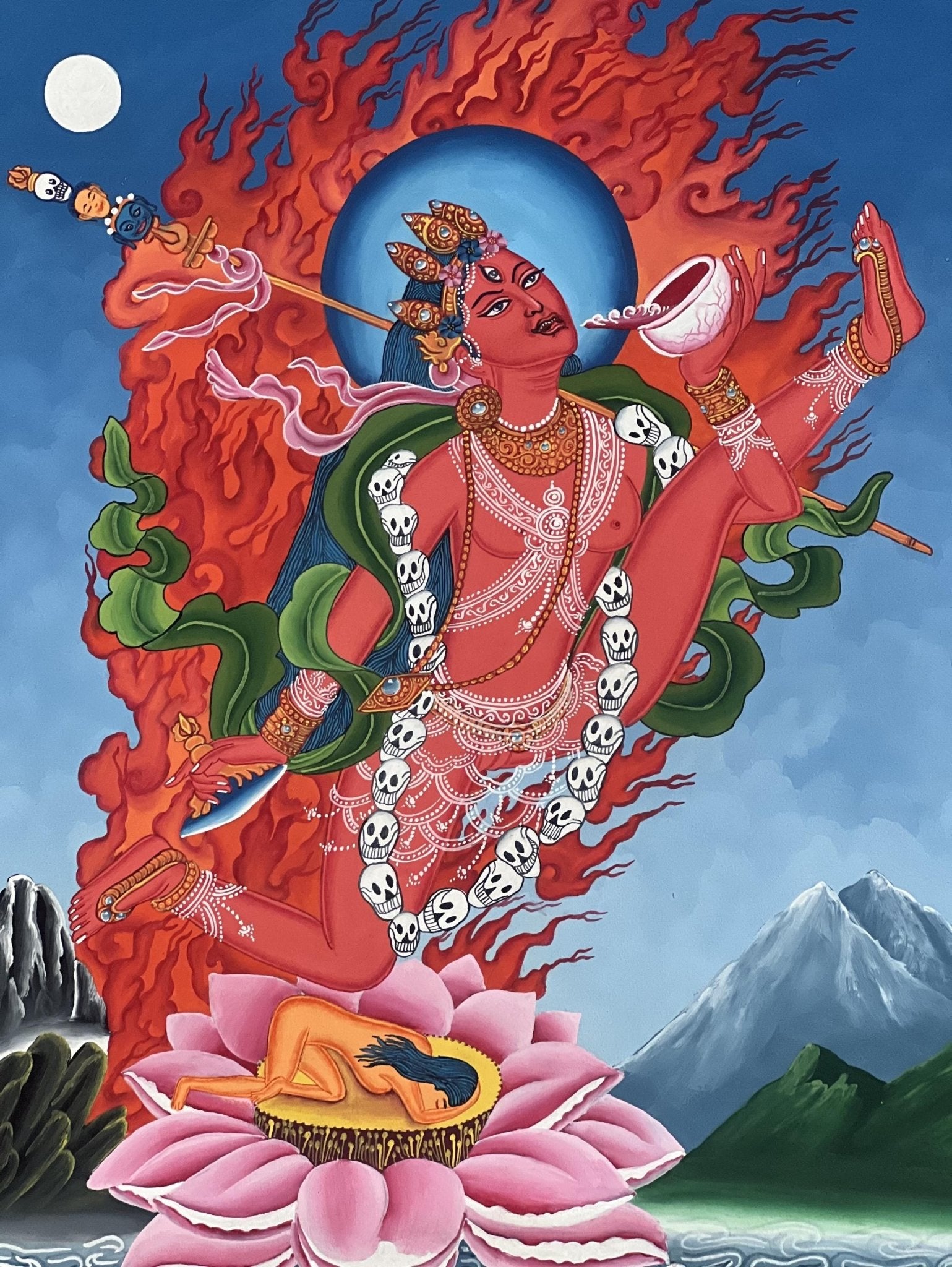 Original Hand - painted Akash Yogini /Jogini/Flying Dakini Original Newari Paubha Thangka Painting/ Tantra Art with High - Quality Silk Brocade - Tibetan Thangka Art