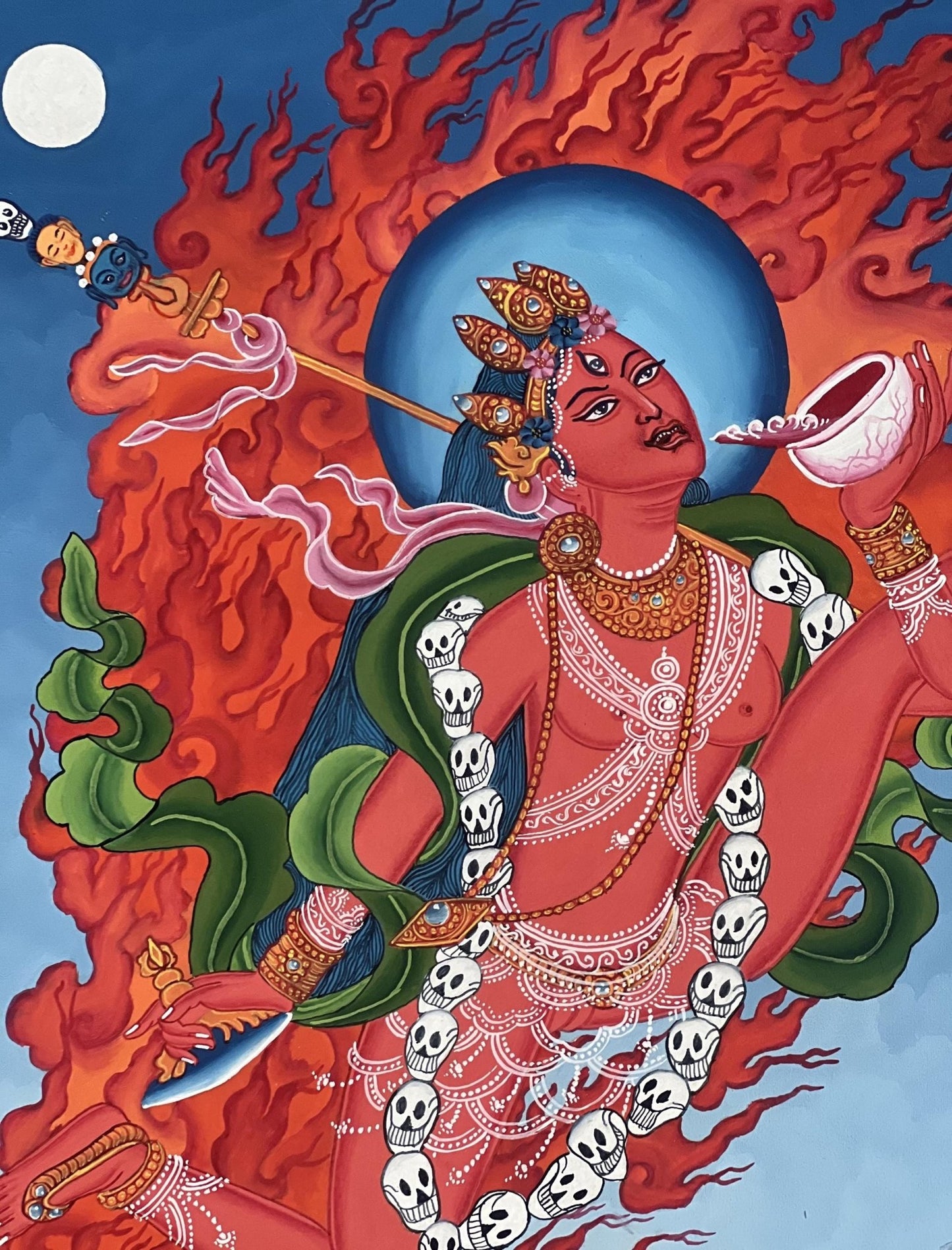 Original Hand - painted Akash Yogini /Jogini/Flying Dakini Original Newari Paubha Thangka Painting/ Tantra Art with High - Quality Silk Brocade - Tibetan Thangka Art