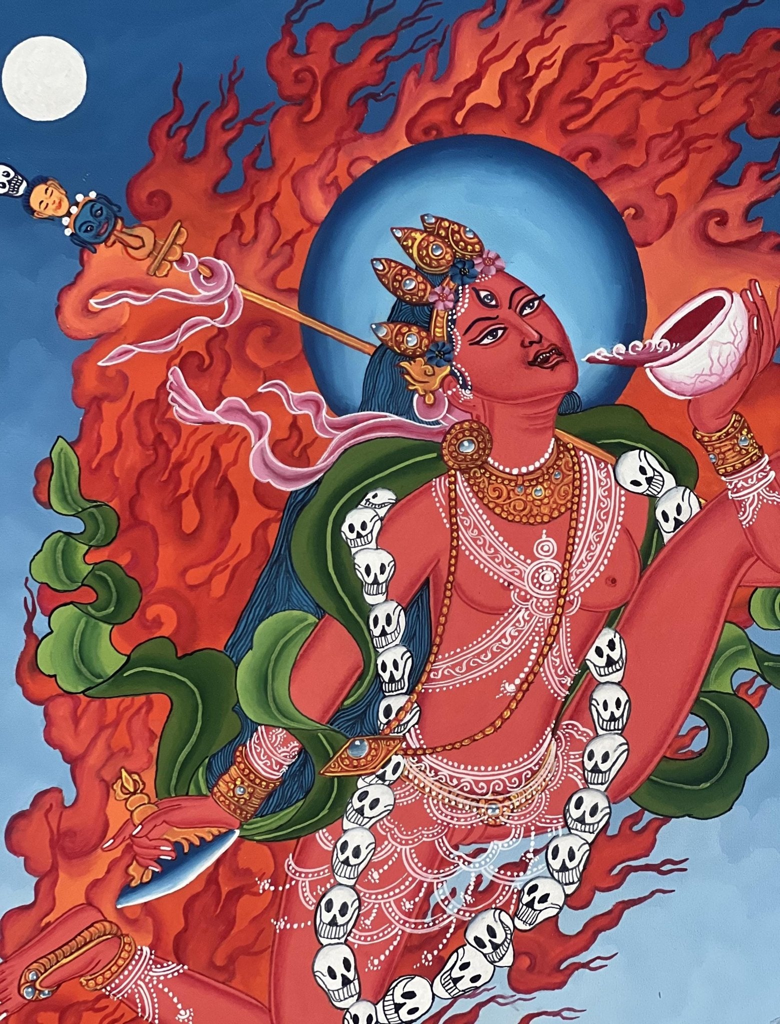 Original Hand - painted Akash Yogini /Jogini/Flying Dakini Original Newari Paubha Thangka Painting/ Tantra Art with High - Quality Silk Brocade - Tibetan Thangka Art