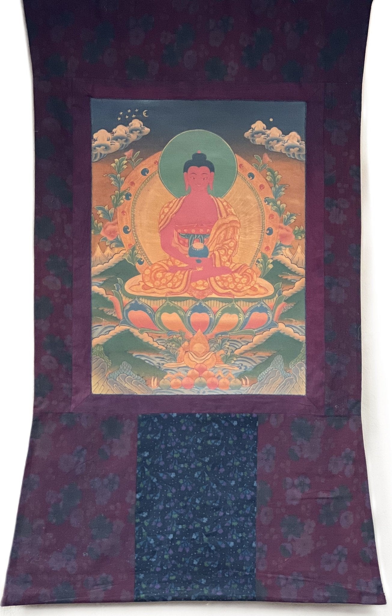 Original Hand - Painted Amitabha Buddha Old Oil - Varnished Tibetan Compassion / Meditation Thangka Painting with High - Quality Cotton Brocade - Tibetan Thangka Art