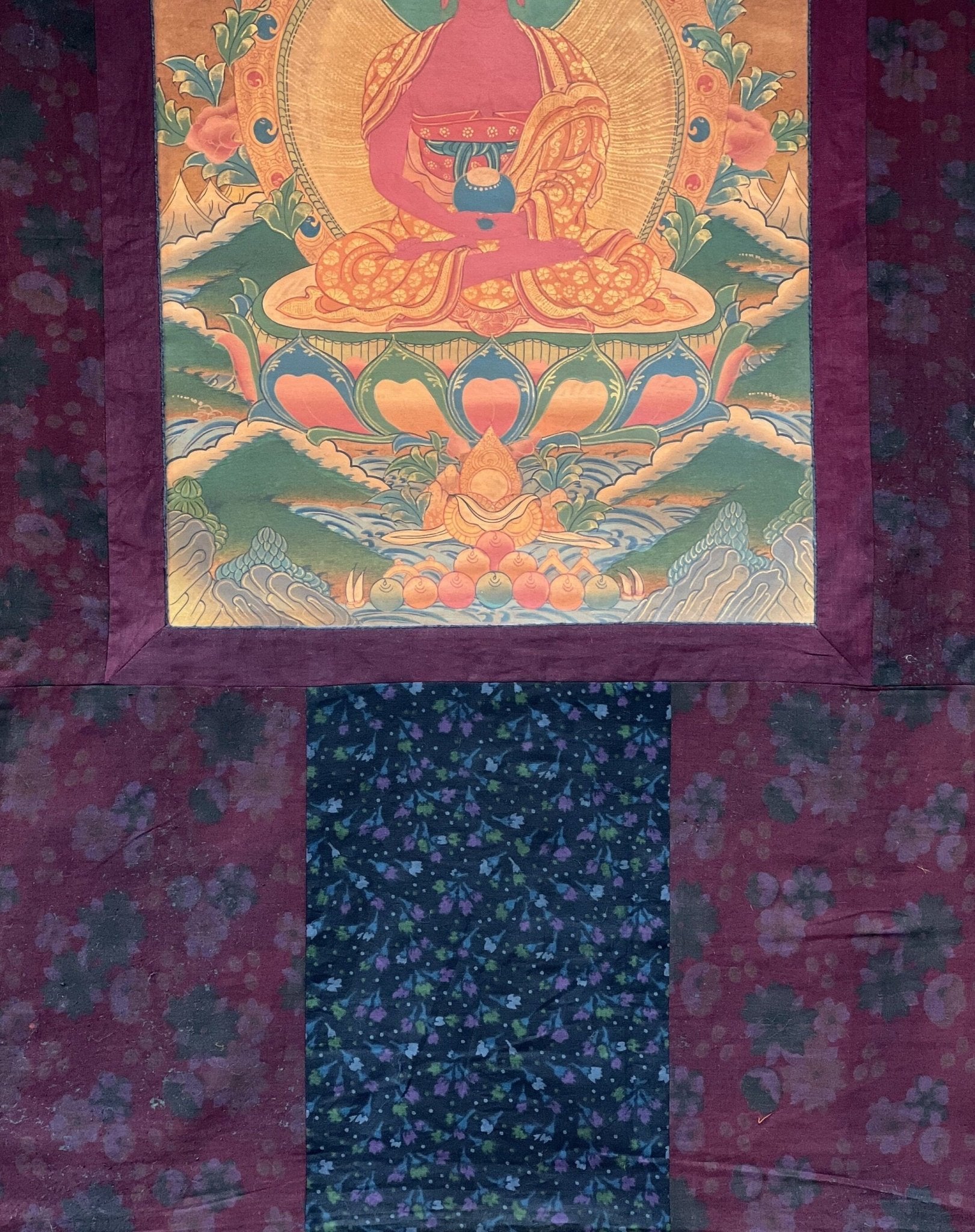Original Hand - Painted Amitabha Buddha Old Oil - Varnished Tibetan Compassion / Meditation Thangka Painting with High - Quality Cotton Brocade - Tibetan Thangka Art