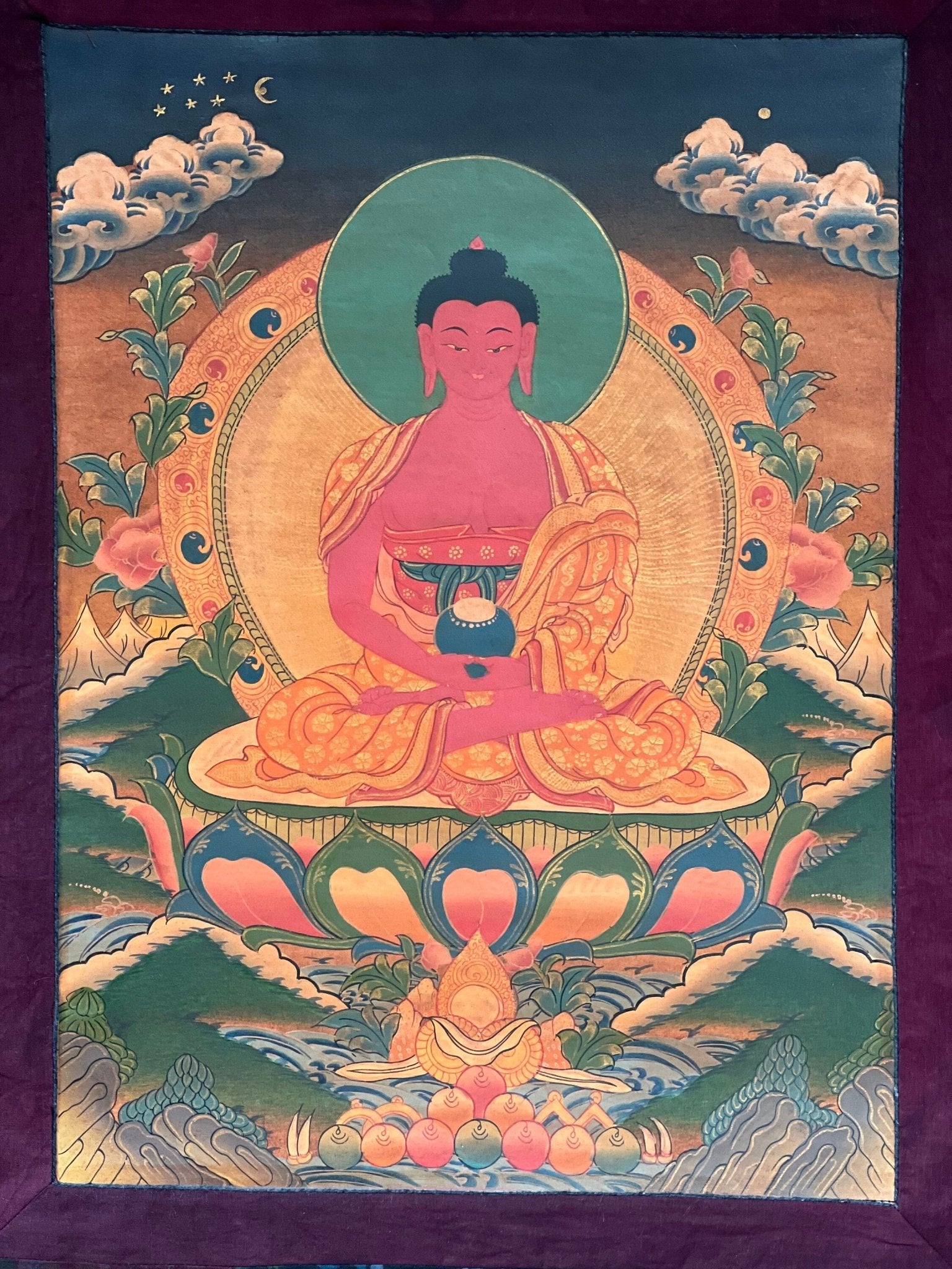 Original Hand - Painted Amitabha Buddha Old Oil - Varnished Tibetan Compassion / Meditation Thangka Painting with High - Quality Cotton Brocade - Tibetan Thangka Art
