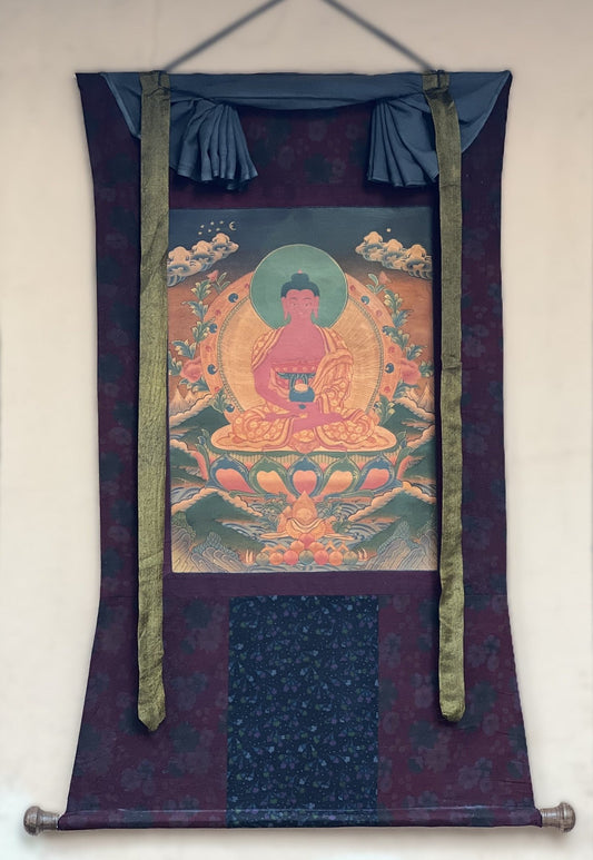 Original Hand - Painted Amitabha Buddha Old Oil - Varnished Tibetan Compassion / Meditation Thangka Painting with High - Quality Cotton Brocade - Tibetan Thangka Art