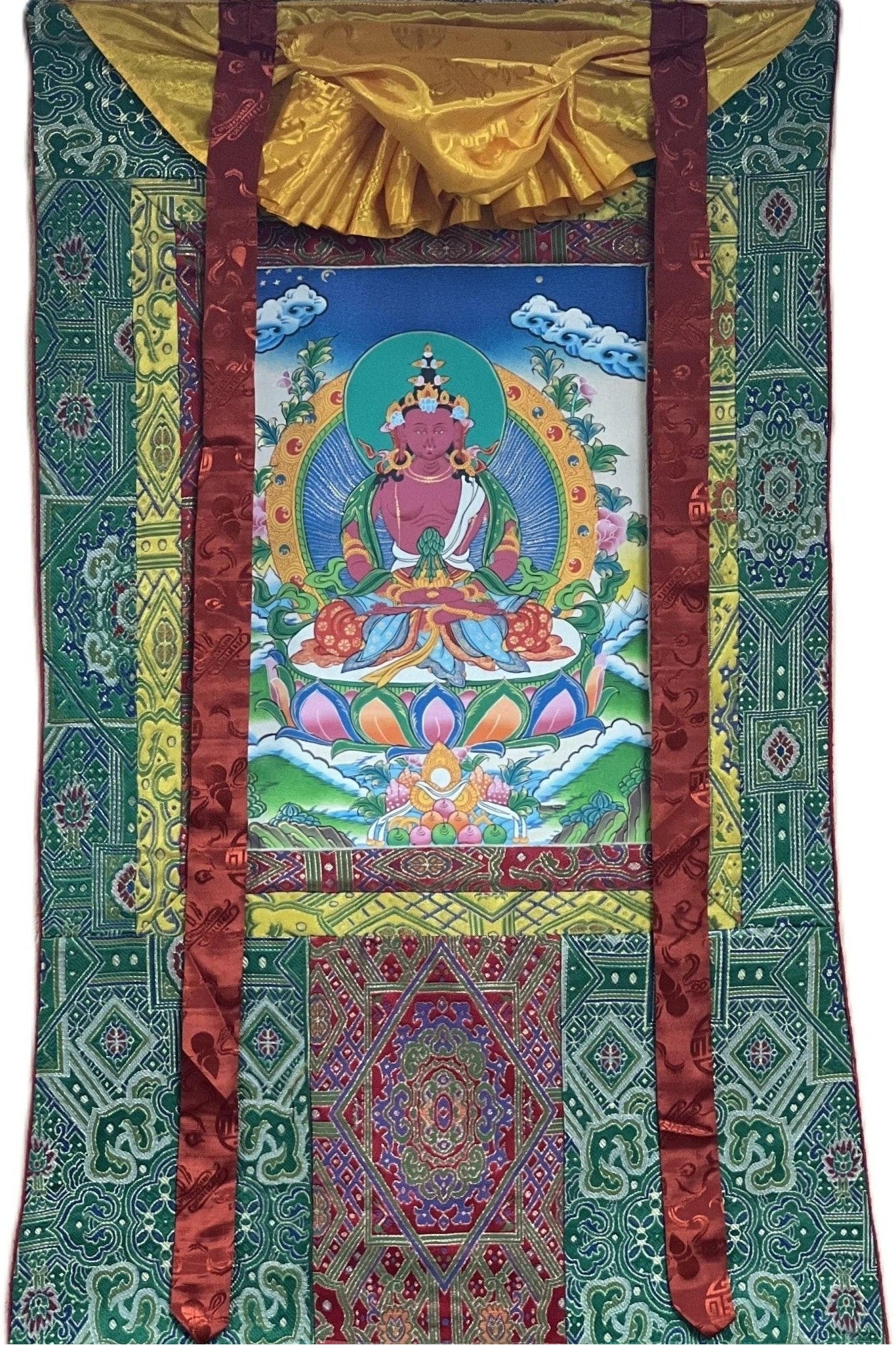 Original Hand Painted Amitayus/Amitabha Buddha/ Pure Land (Sukhavati) Tibetan Thangka Painting/ Art with High Quality Silk Brocade - Tibetan Thangka Art