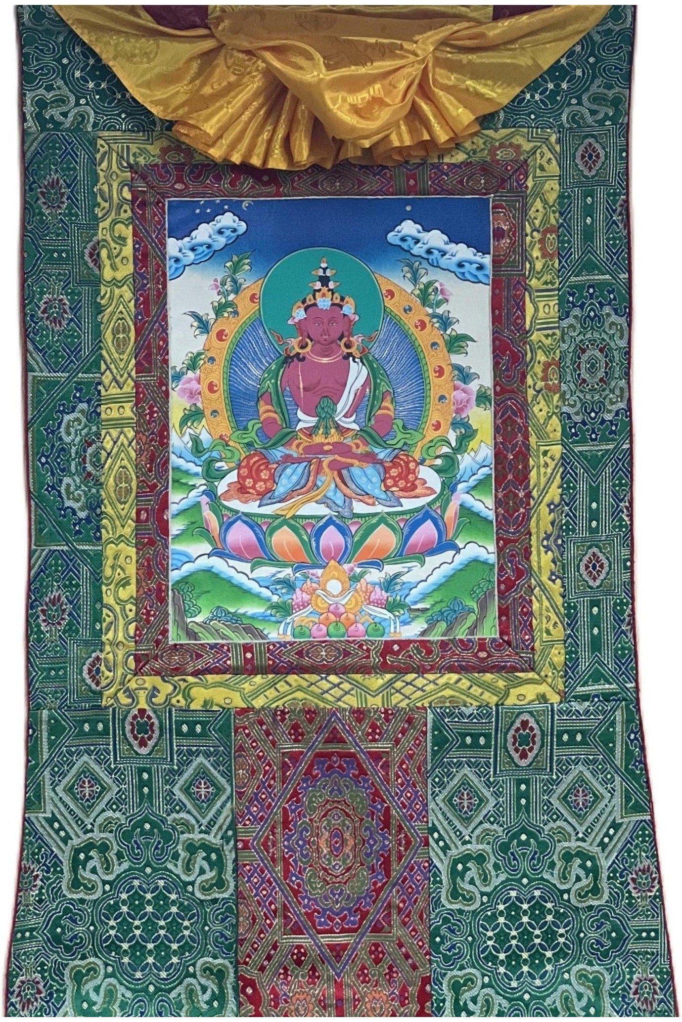 Original Hand Painted Amitayus/Amitabha Buddha/ Pure Land (Sukhavati) Tibetan Thangka Painting/ Art with High Quality Silk Brocade - Tibetan Thangka Art