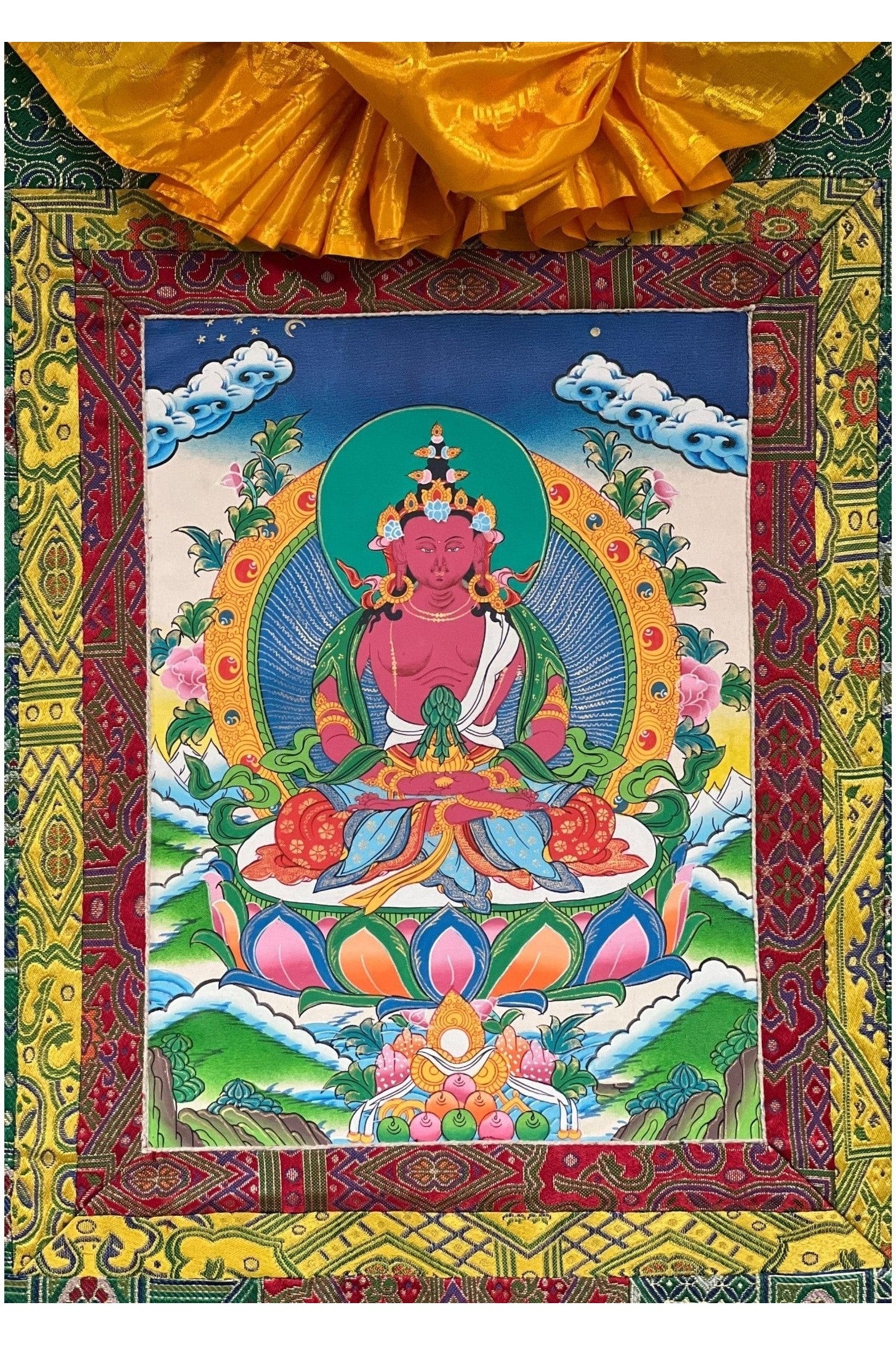 Original Hand Painted Amitayus/Amitabha Buddha/ Pure Land (Sukhavati) Tibetan Thangka Painting/ Art with High Quality Silk Brocade - Tibetan Thangka Art