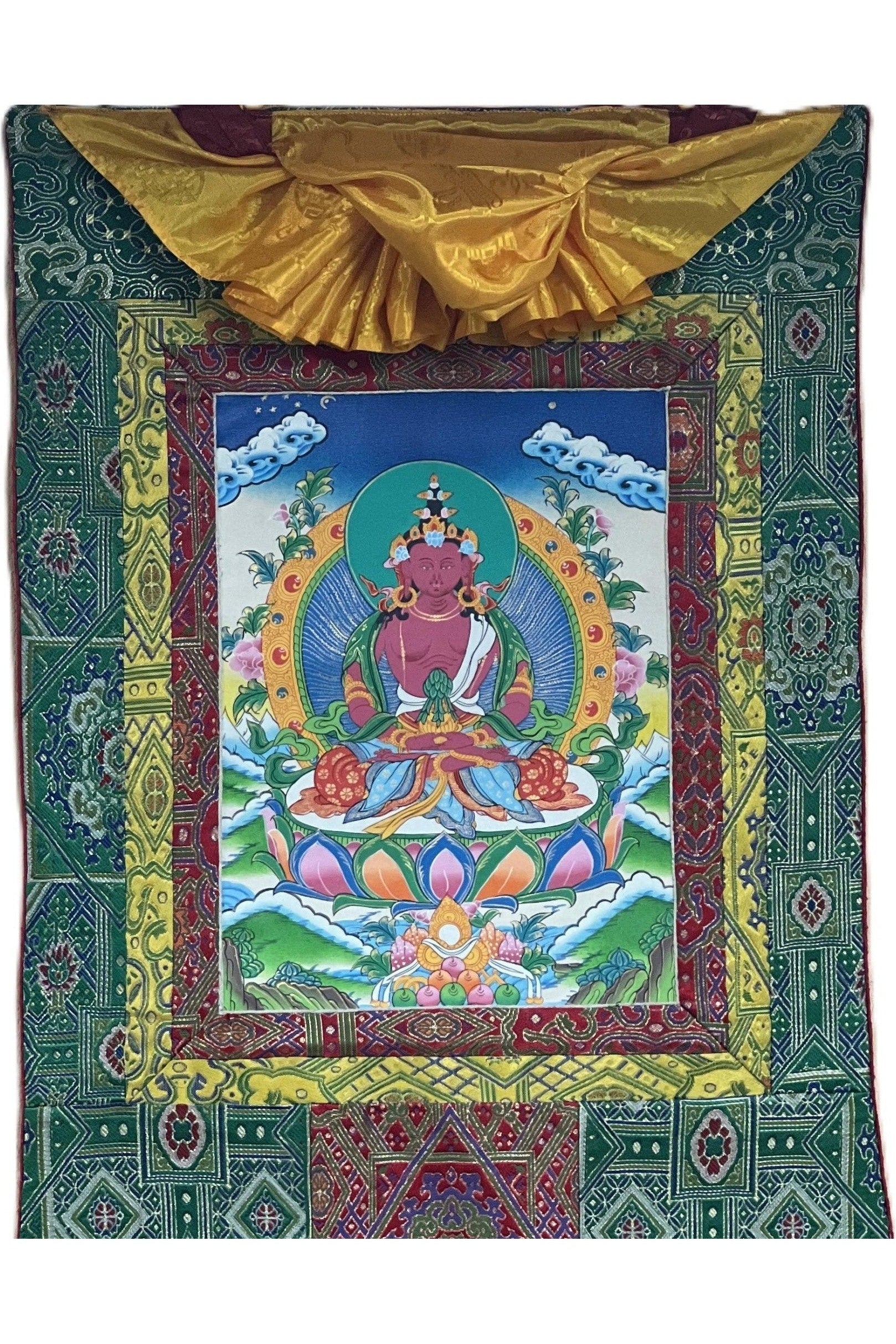 Original Hand Painted Amitayus/Amitabha Buddha/ Pure Land (Sukhavati) Tibetan Thangka Painting/ Art with High Quality Silk Brocade - Tibetan Thangka Art