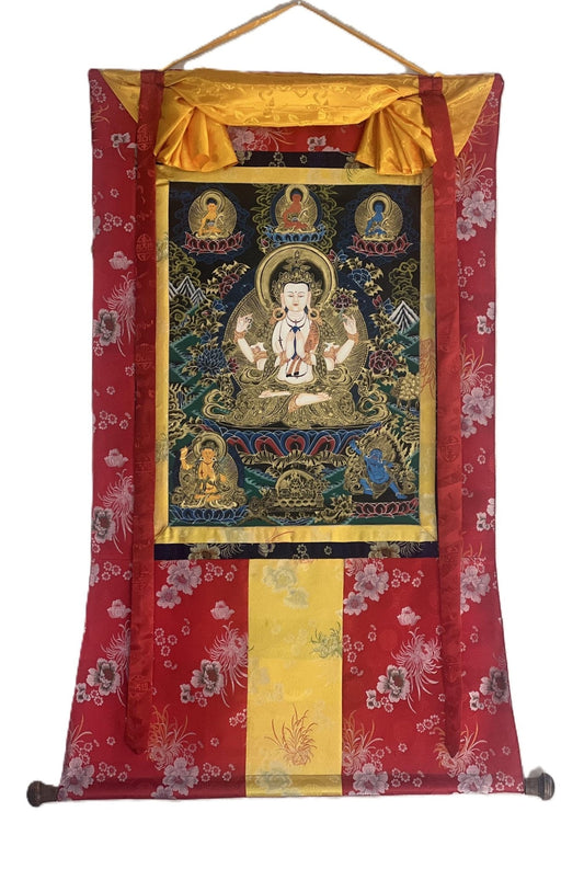 Original Hand Painted Avalokiteshvara/ Chenrezig Compassion / Meditation Tibetan Thangka Painting with Silk Brocade - Tibetan Thangka Art