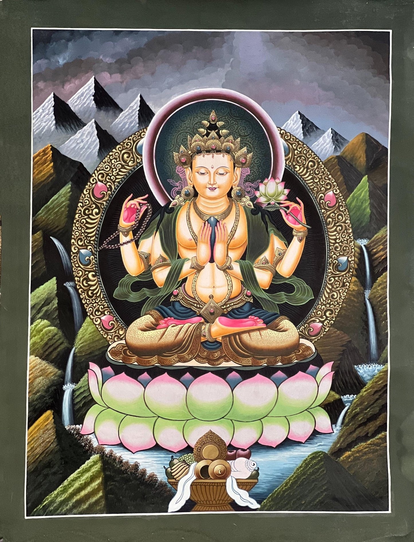 Original Hand - painted Avalokiteshvara/ Chenrezig/ Lokesvara Masterpiece Newari Paubha/ Pauva Thangka Painting from Kathmandu Valley - Tibetan Thangka Art