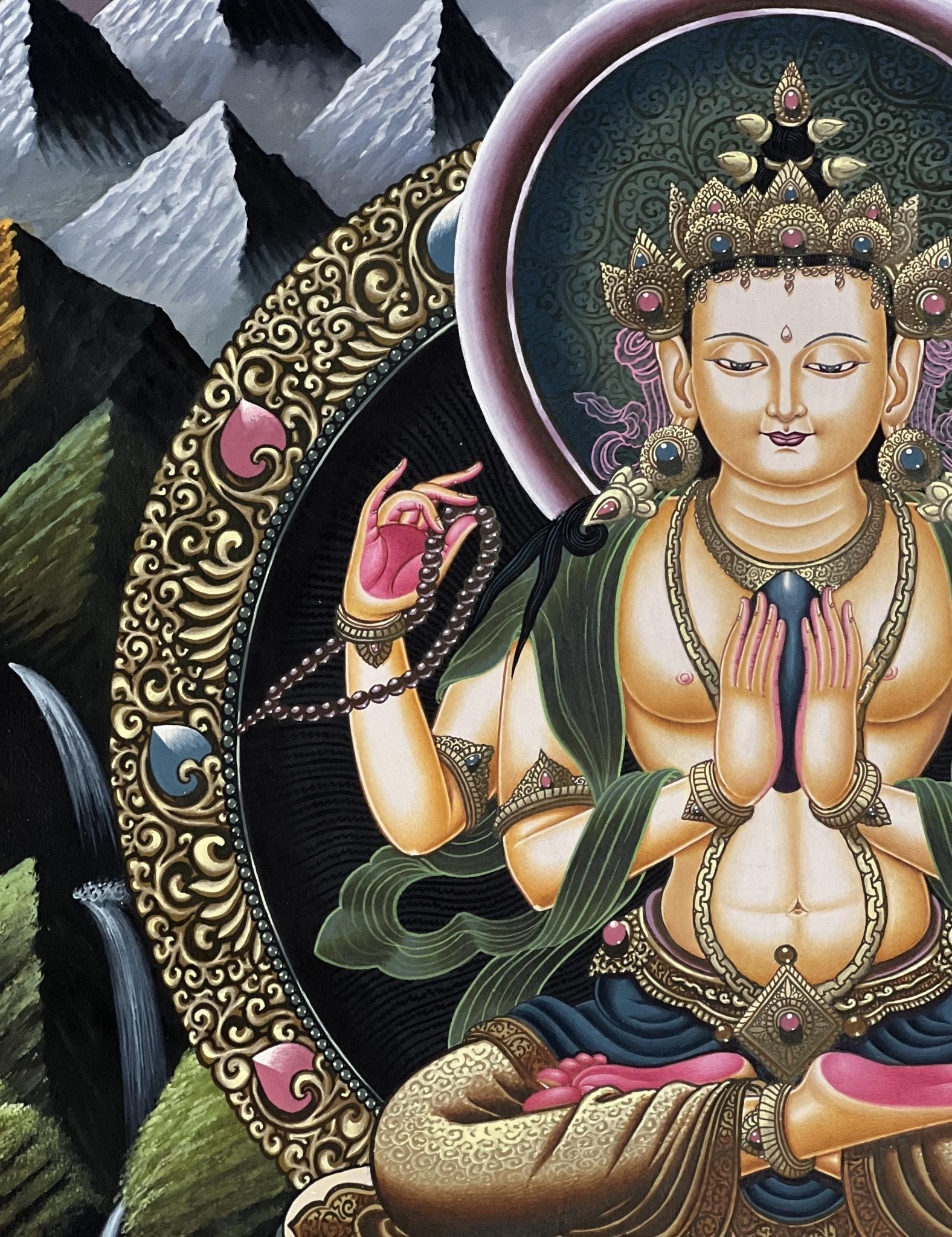 Original Hand - painted Avalokiteshvara/ Chenrezig/ Lokesvara Masterpiece Newari Paubha/ Pauva Thangka Painting from Kathmandu Valley - Tibetan Thangka Art