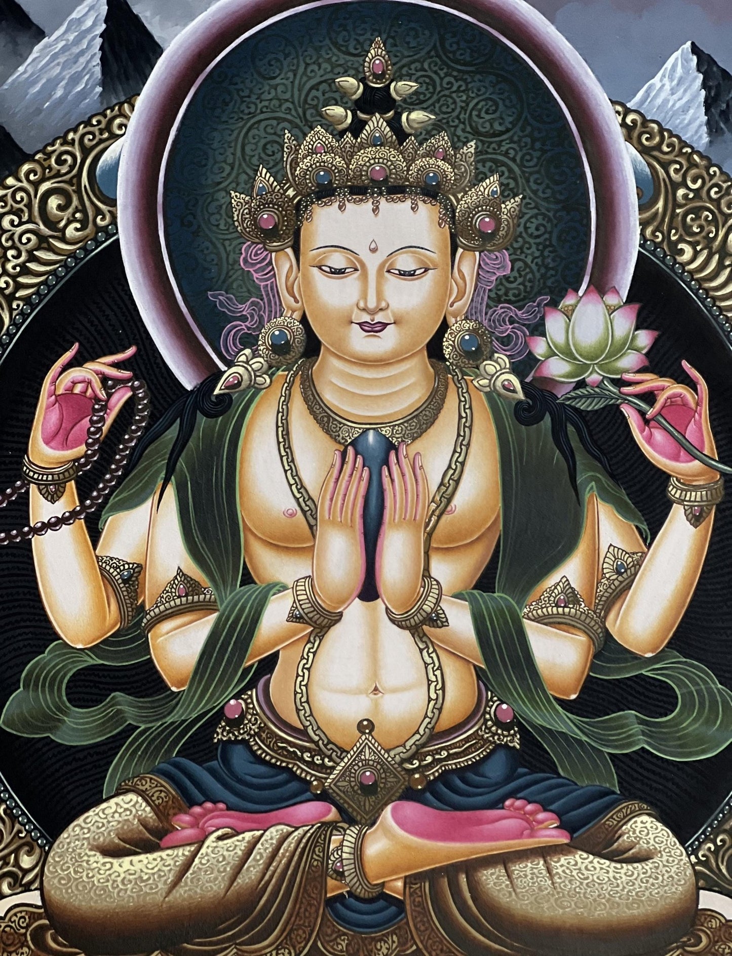Original Hand - painted Avalokiteshvara/ Chenrezig/ Lokesvara Masterpiece Newari Paubha/ Pauva Thangka Painting from Kathmandu Valley - Tibetan Thangka Art