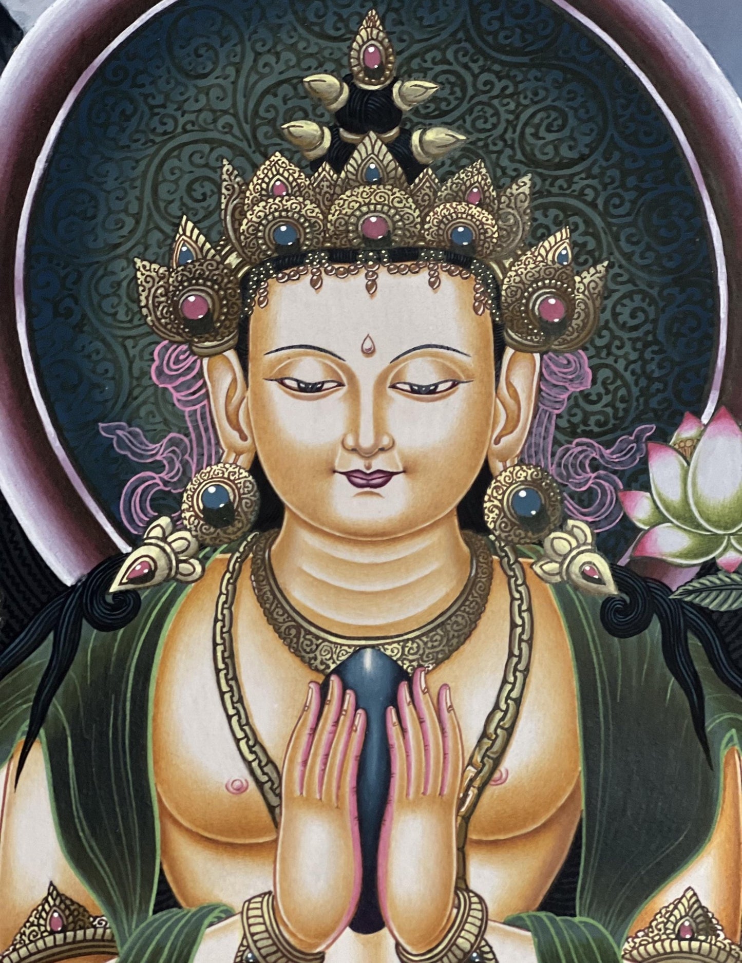 Original Hand - painted Avalokiteshvara/ Chenrezig/ Lokesvara Masterpiece Newari Paubha/ Pauva Thangka Painting from Kathmandu Valley - Tibetan Thangka Art