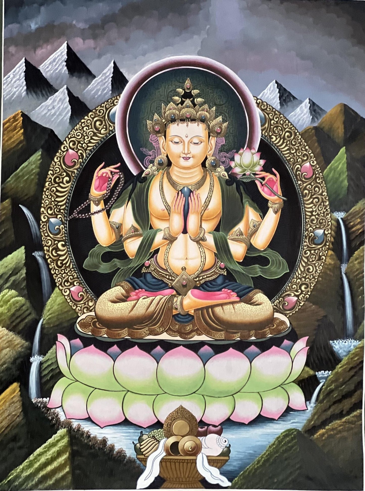 Original Hand - painted Avalokiteshvara/ Chenrezig/ Lokesvara Masterpiece Newari Paubha/ Pauva Thangka Painting from Kathmandu Valley - Tibetan Thangka Art