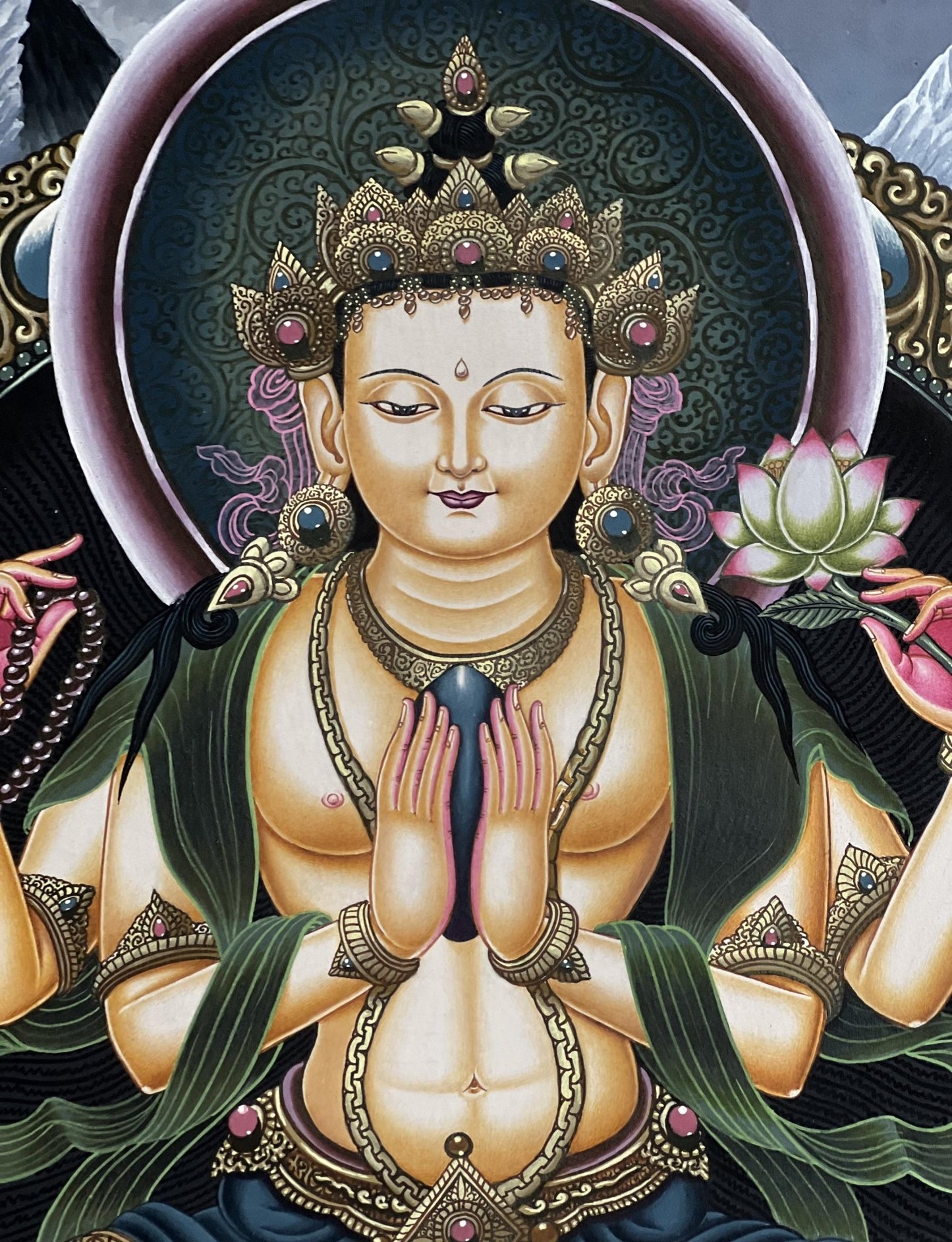 Original Hand - painted Avalokiteshvara/ Chenrezig/ Lokesvara Masterpiece Newari Paubha/ Pauva Thangka Painting from Kathmandu Valley - Tibetan Thangka Art