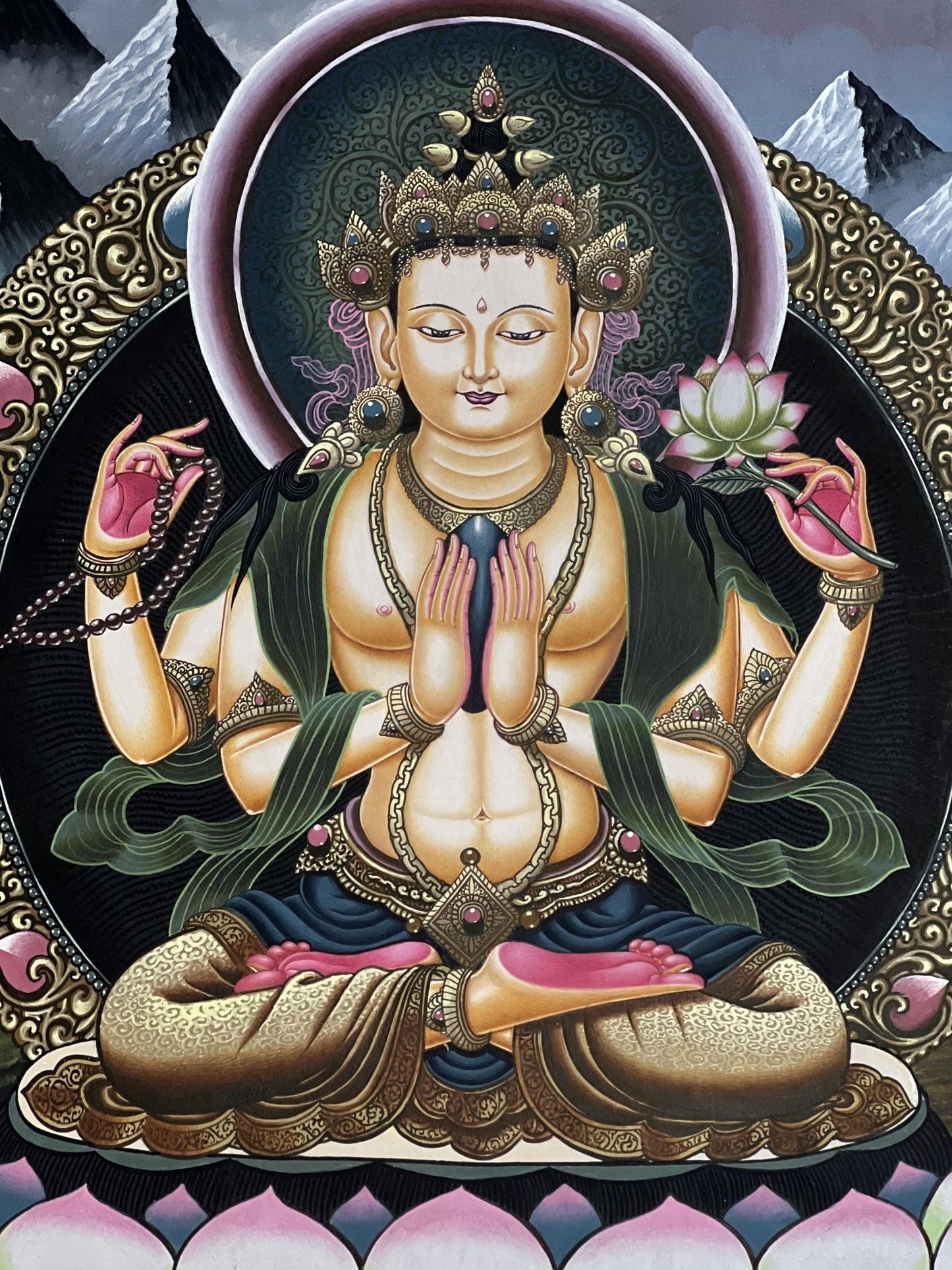 Original Hand - painted Avalokiteshvara/ Chenrezig/ Lokesvara Masterpiece Newari Paubha/ Pauva Thangka Painting from Kathmandu Valley - Tibetan Thangka Art