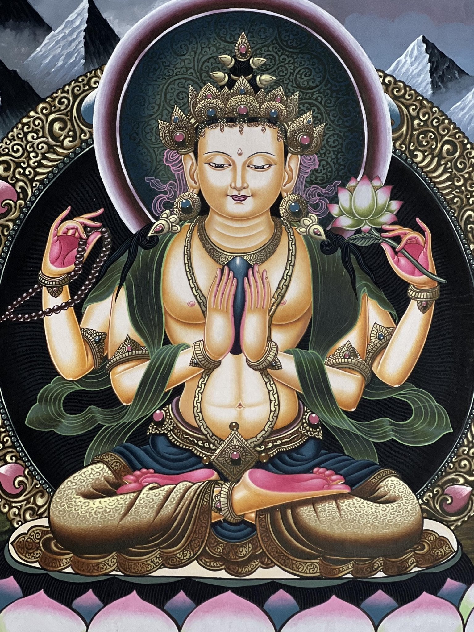 Original Hand - painted Avalokiteshvara/ Chenrezig/ Lokesvara Masterpiece Newari Paubha/ Pauva Thangka Painting from Kathmandu Valley - Tibetan Thangka Art