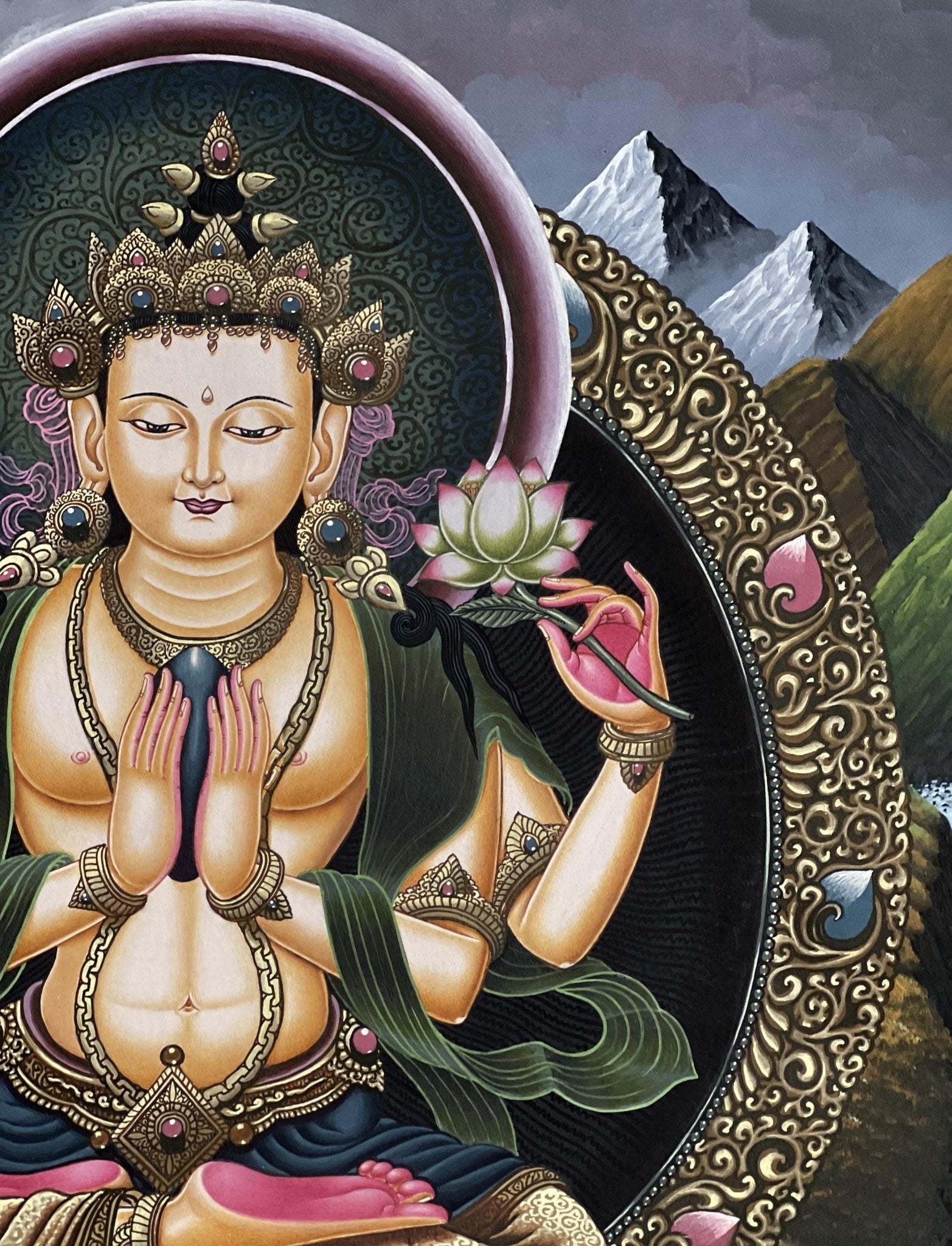 Original Hand - painted Avalokiteshvara/ Chenrezig/ Lokesvara Masterpiece Newari Paubha/ Pauva Thangka Painting from Kathmandu Valley - Tibetan Thangka Art