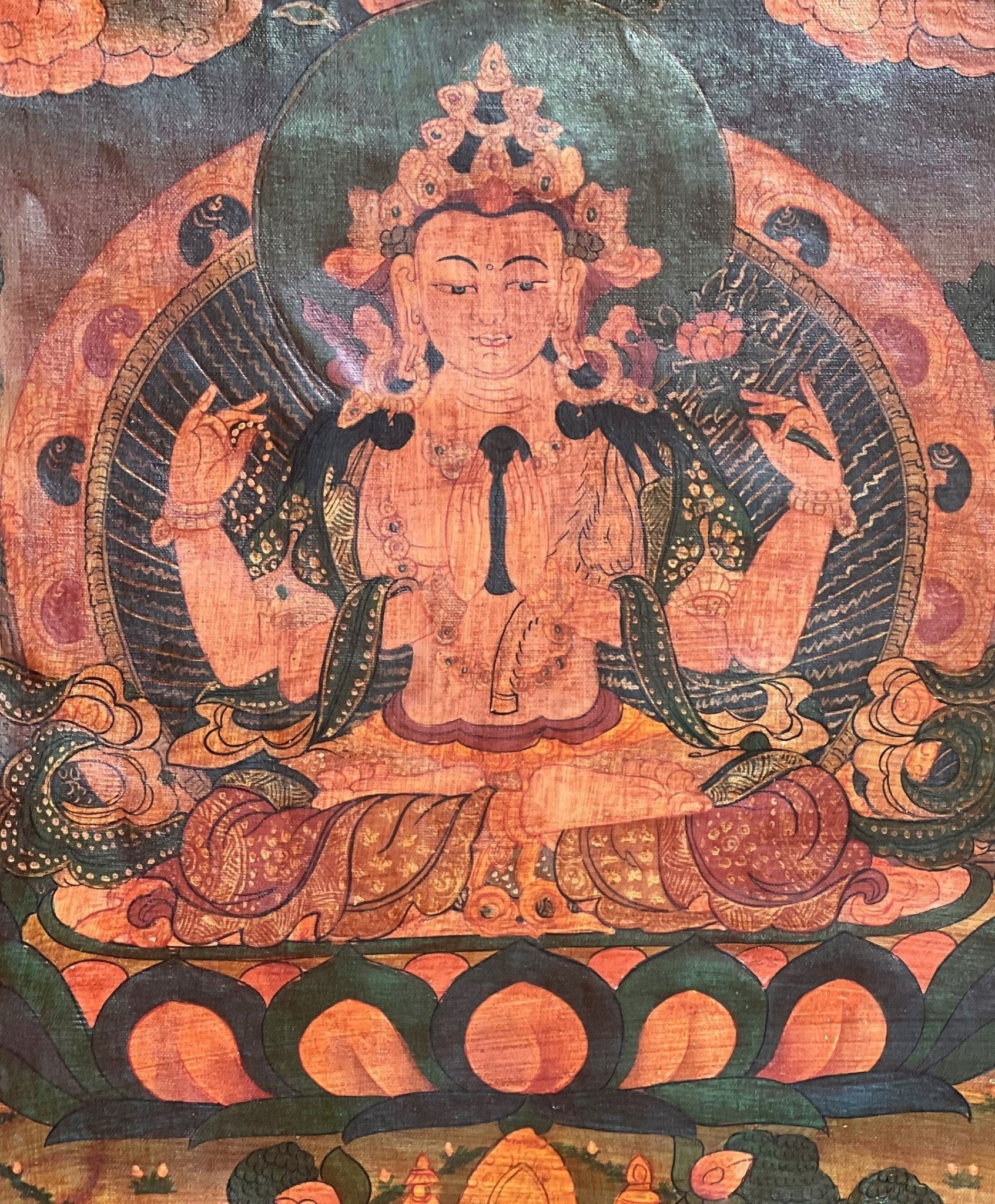Original Hand Painted Avalokiteshvara / Chenrezig/Chyangresi OLD OIL - VARNISHED Tibetan Thangka Painting with Premium Cotton Brocade - Tibetan Thangka Art