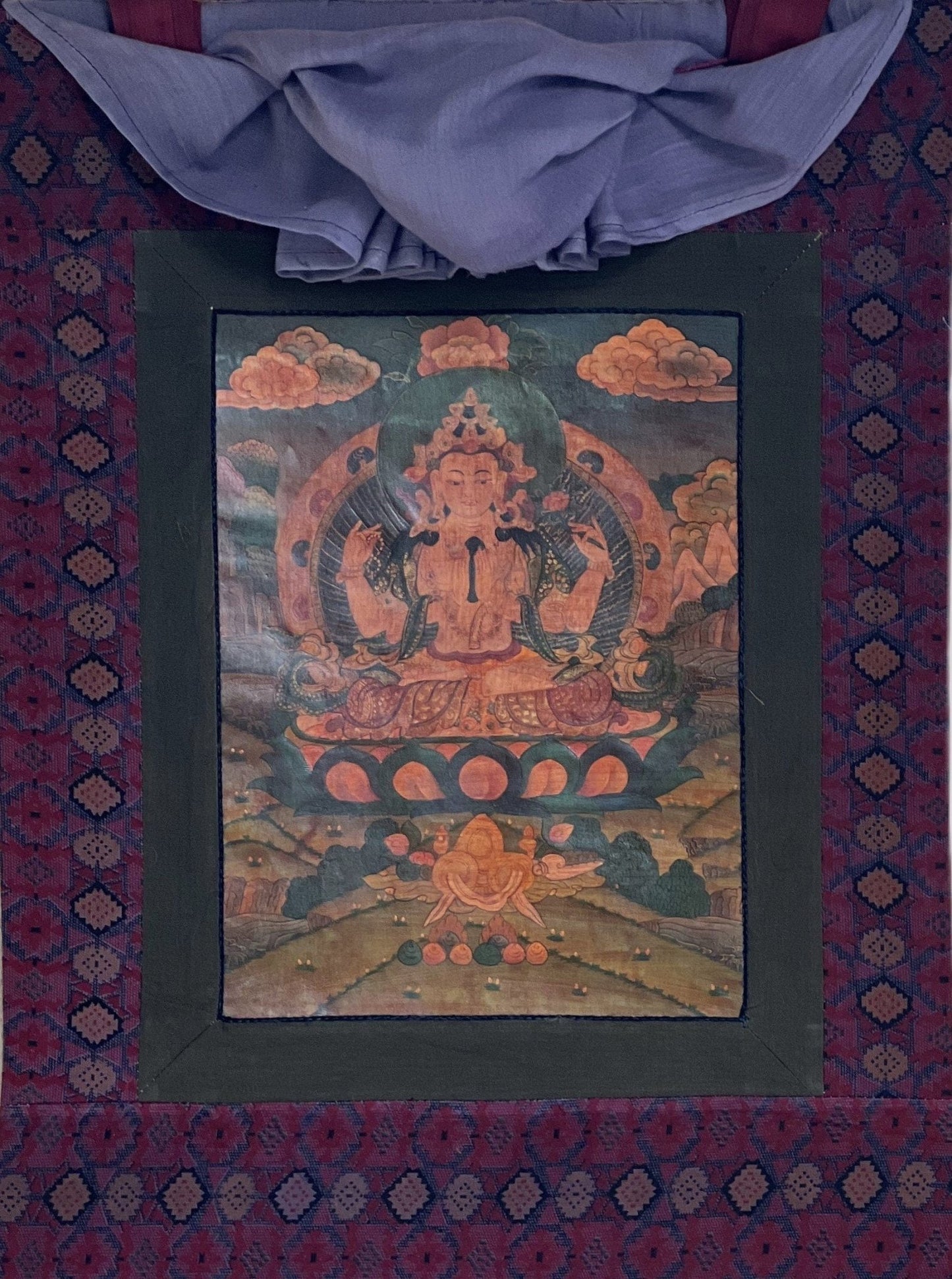 Original Hand Painted Avalokiteshvara / Chenrezig/Chyangresi OLD OIL - VARNISHED Tibetan Thangka Painting with Premium Cotton Brocade - Tibetan Thangka Art